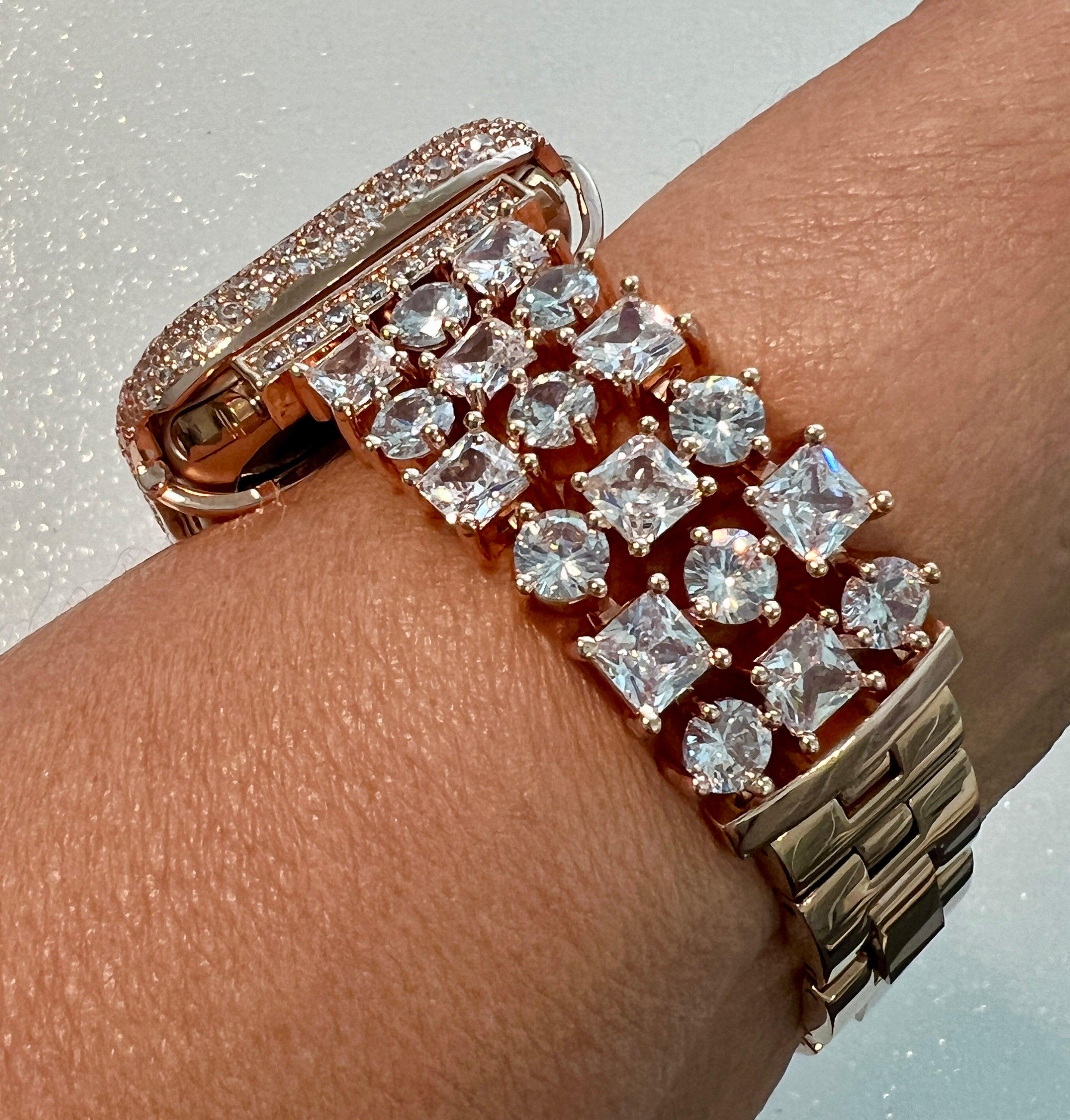 Apple Watch Band Womens Rose Gold Crystals & or Apple Watch Case Lab Diamond Bezel Apple Watch Cover Iwatch Candy Bling 38mm-49mm