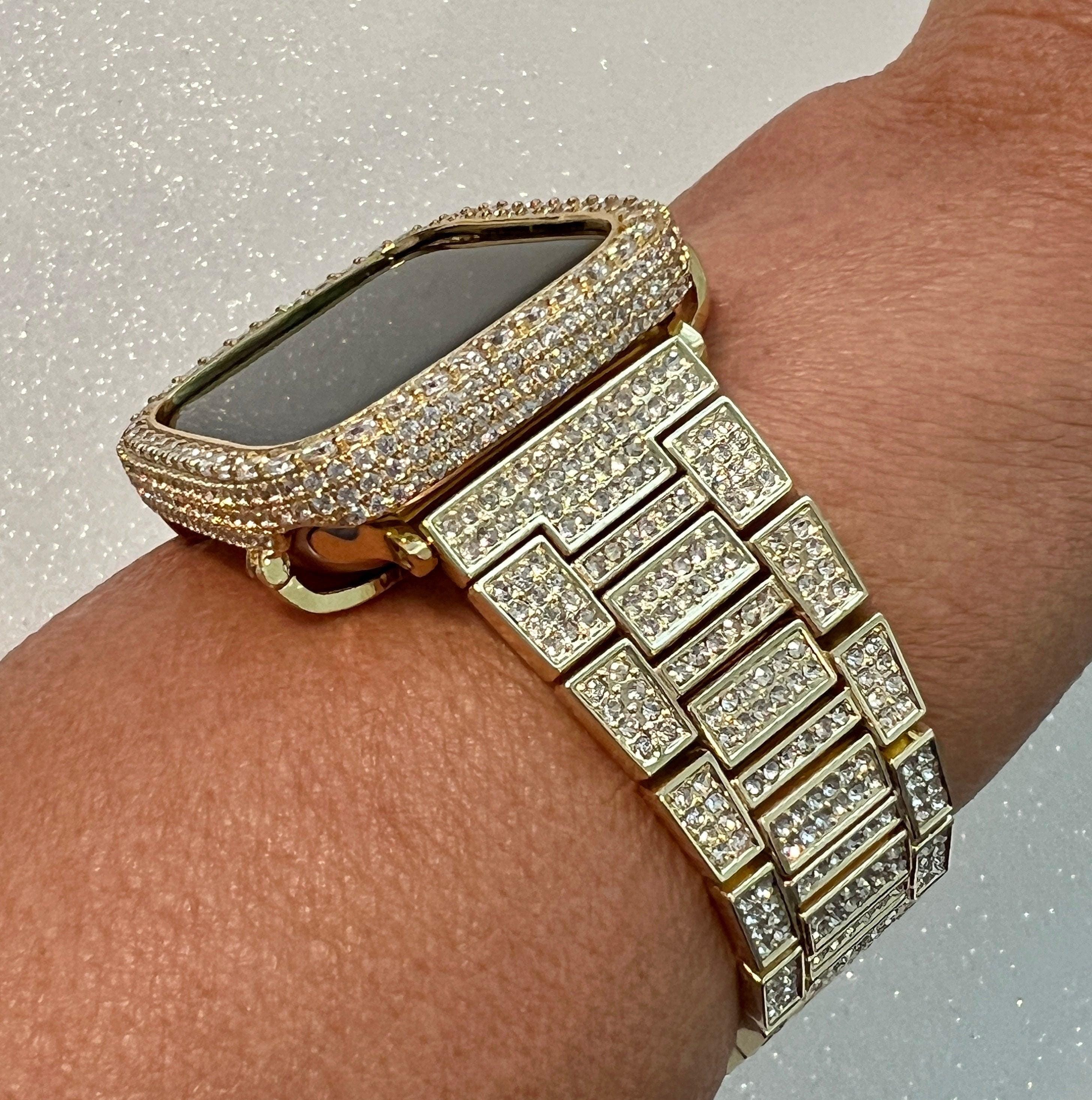 Bling Apple Watch Band Gold Crystals 38mm-49mm Ultra & or Apple Watch Cover Lab Diamond Bezel Smartwatch Bumper Case Iwatch Candy