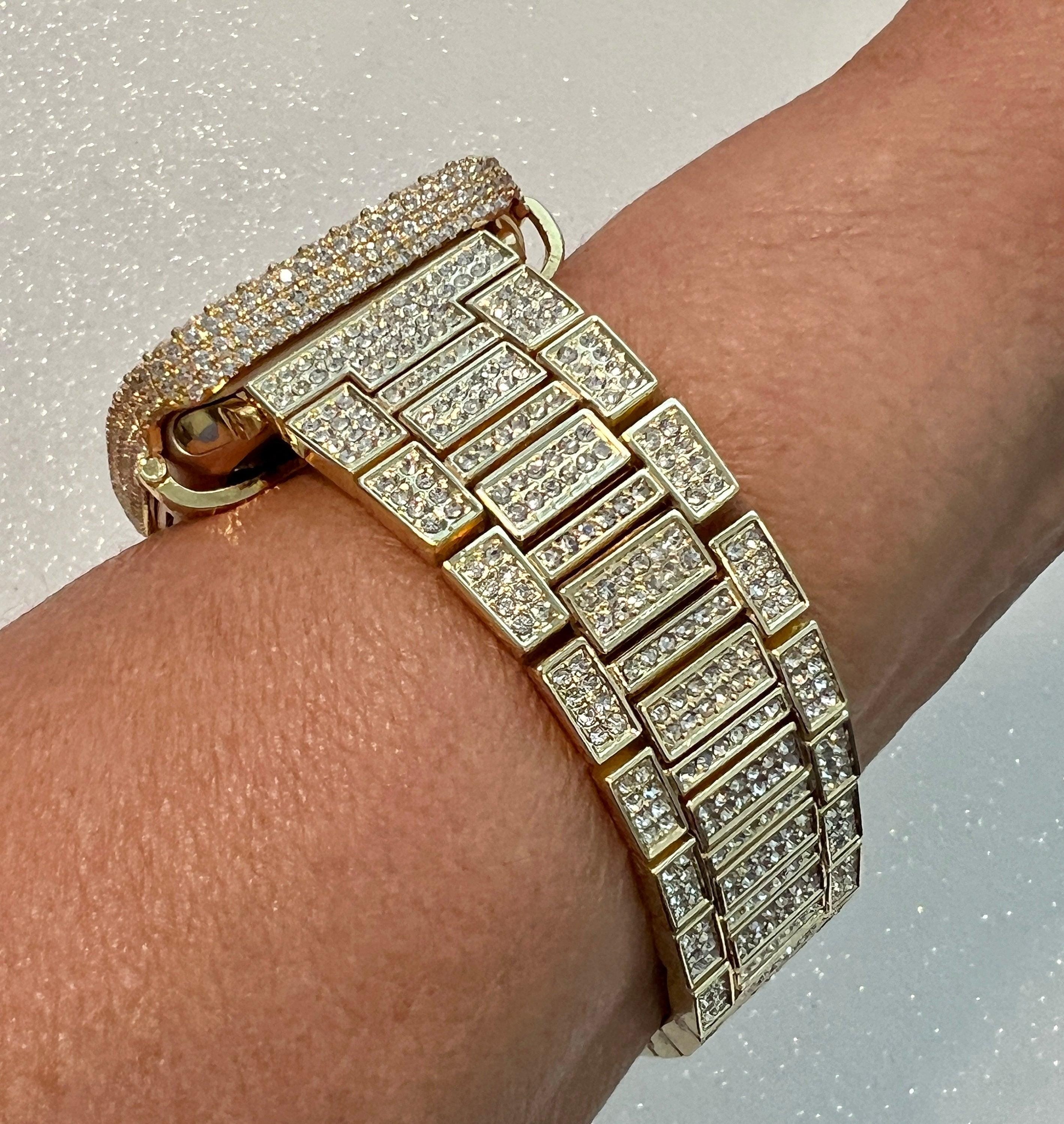 Bling Apple Watch Band Gold Crystals 38mm-49mm Ultra & or Apple Watch Cover Lab Diamond Bezel Smartwatch Bumper Case Iwatch Candy