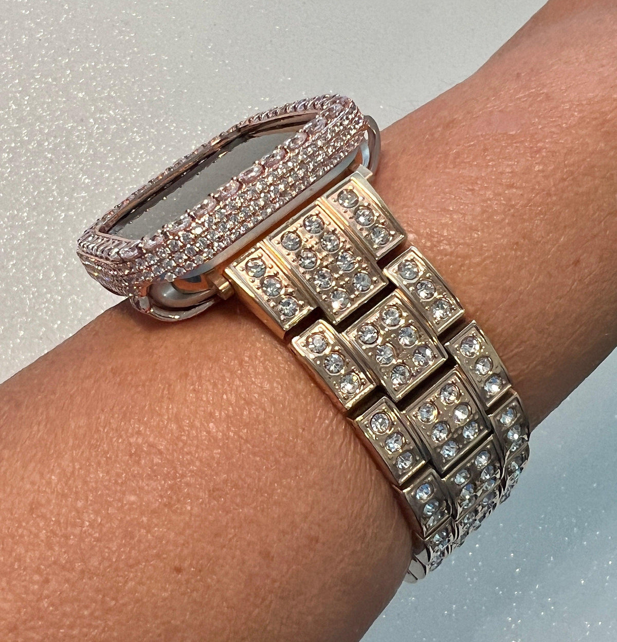 Huge Bling Apple Watch Band Women Rose Gold Stainless Steel Crystals & or Apple Watch Cover Lab Diamond Bezel Case Bling 38mm-45mm