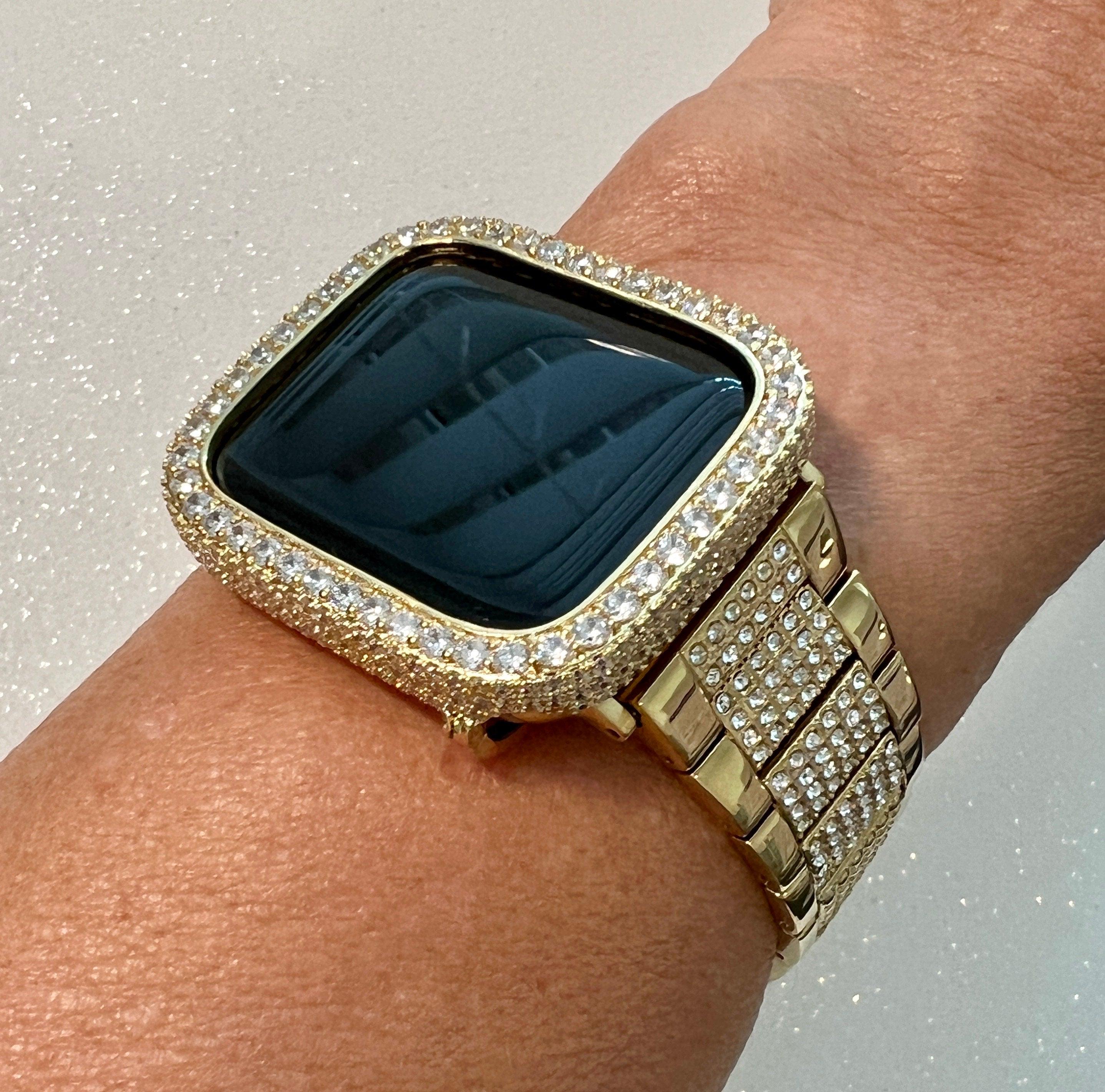 Mens Apple Watch Band Womens Gold 41mm 45mm 49mm Ultra & or Lab Diamond Bezel Case Cover 38 40 42 44mm for Smartwatch Bumper Bling