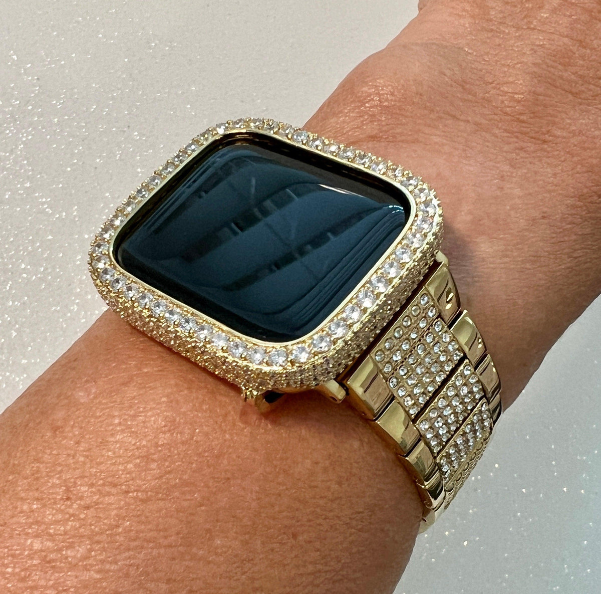 Mens Apple Watch Band Womens Gold 41mm 45mm 49mm Ultra & or Lab Diamond Bezel Case Cover 38 40 42 44mm for Smartwatch Bumper Bling