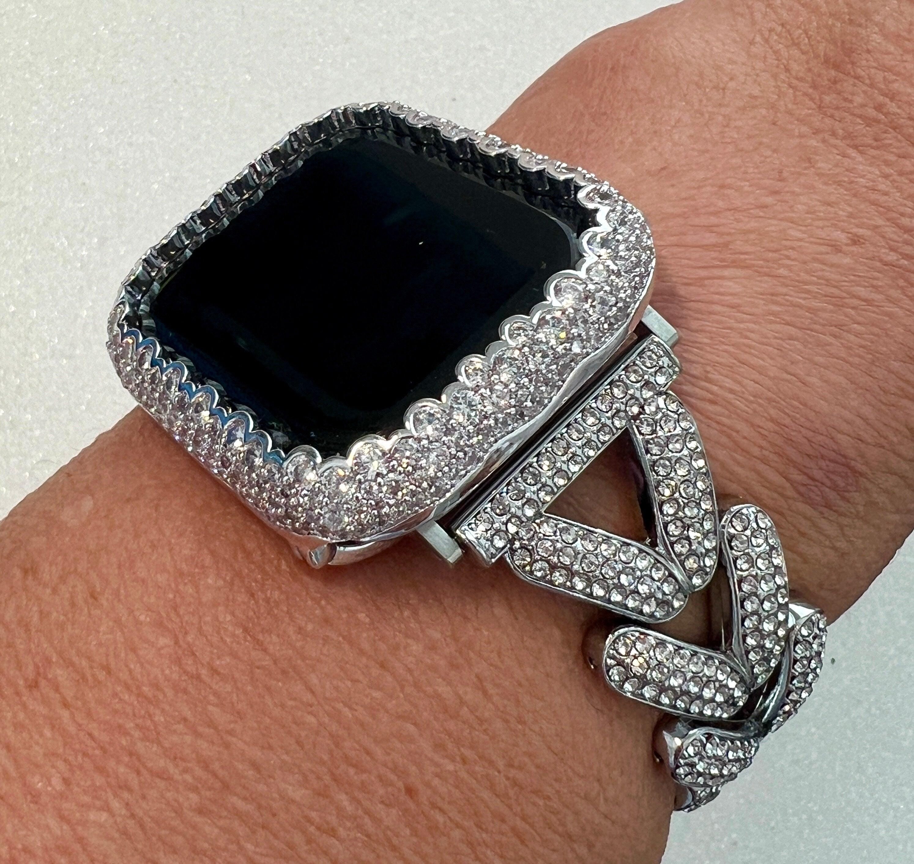 Apple Watch Band Woman Silver Swarovski Crystal Chain Heart & or Apple Watch Case Lab Diamond Bezel 38mm-49mm Ultra Apple Watch Cover Bling