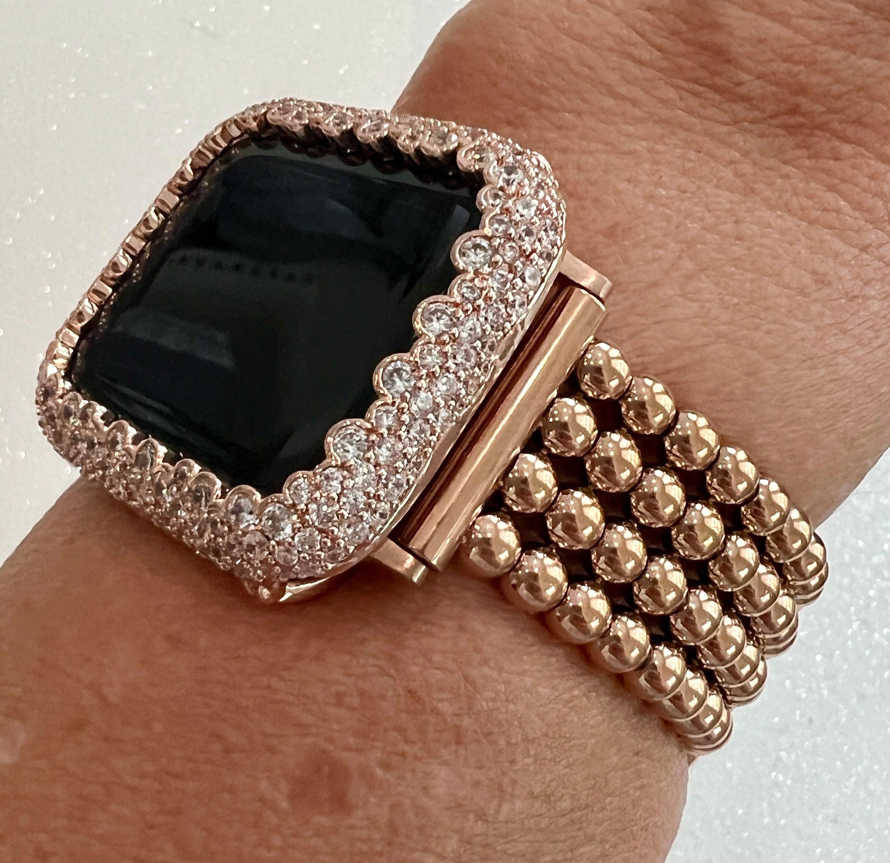 Rose Gold Apple Watch Band Women Four Row Beaded 38mm-49mm Ultra, Iwatch Phone band & or Apple Watch Case Lab Diamond Bezel Cover Gift