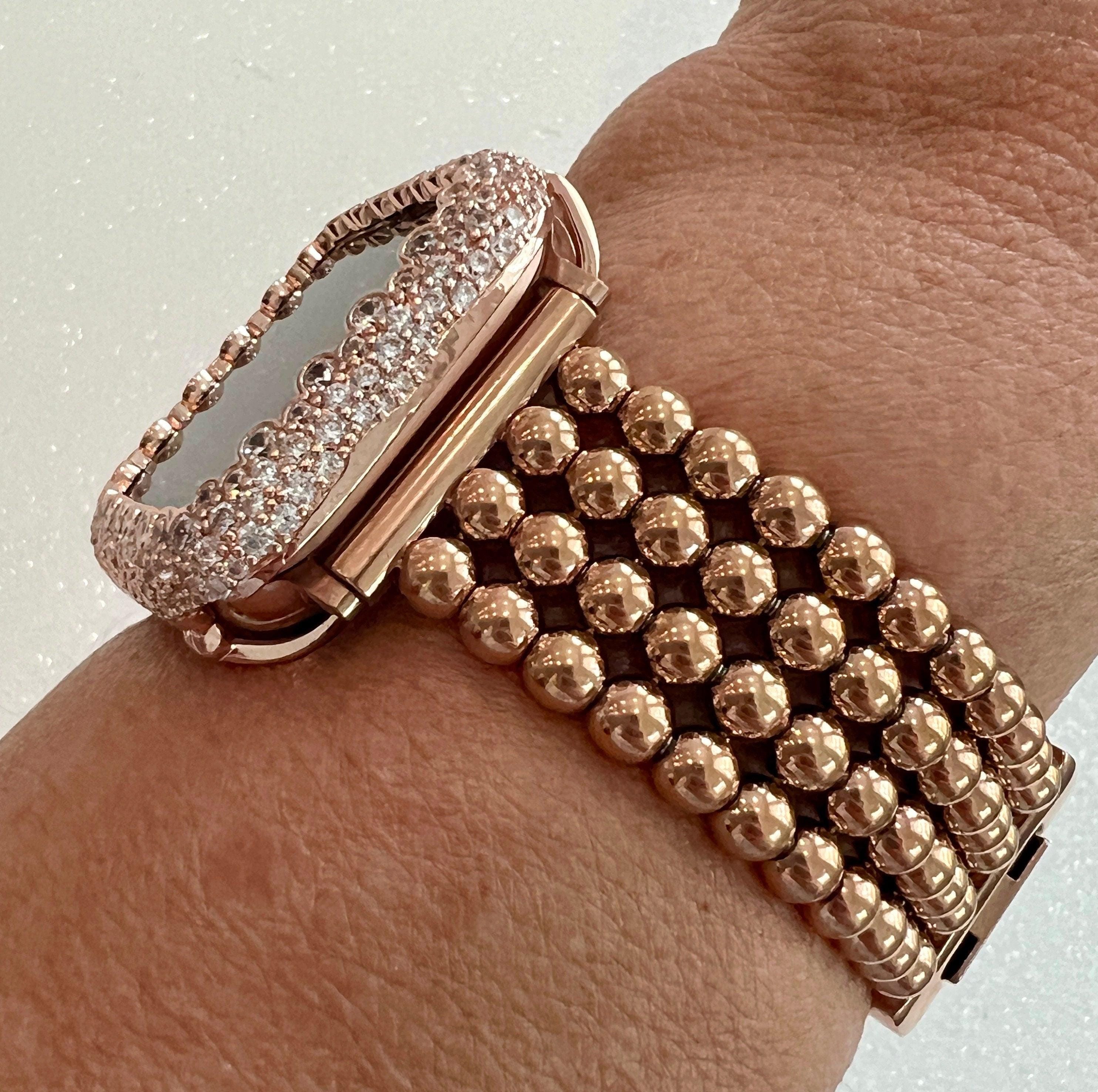 Rose Gold Apple Watch Band Women Four Row Beaded Bracelet 38mm-49mm Ultra& or Apple Watch Case Lab Diamond Bezel Cover Gift Iwatch Case