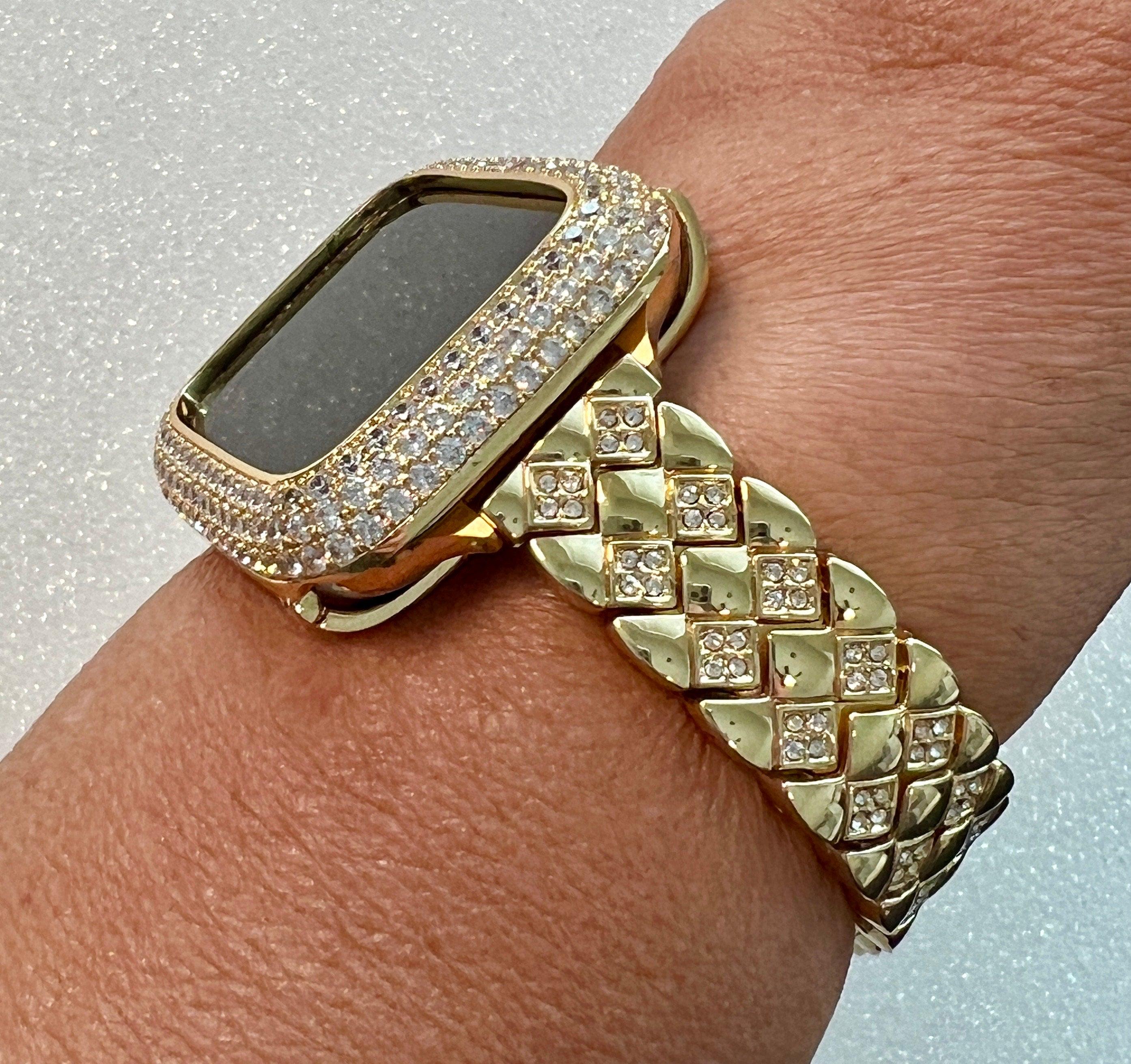 Gold Apple Watch Band 41mm 45mm 49mm Ultra Crystals & or Apple Watch Case Lab Diamond Bezel Apple Watch Cover 38mm 42mm 40mm 44mm