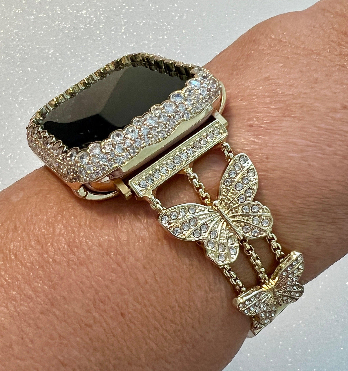 Butterfly Apple Watch Band 49mm Woman Yellow Gold Crystal & or Apple Watch Case Pave Lab Diamond Bezel Apple Watch Cover Bling