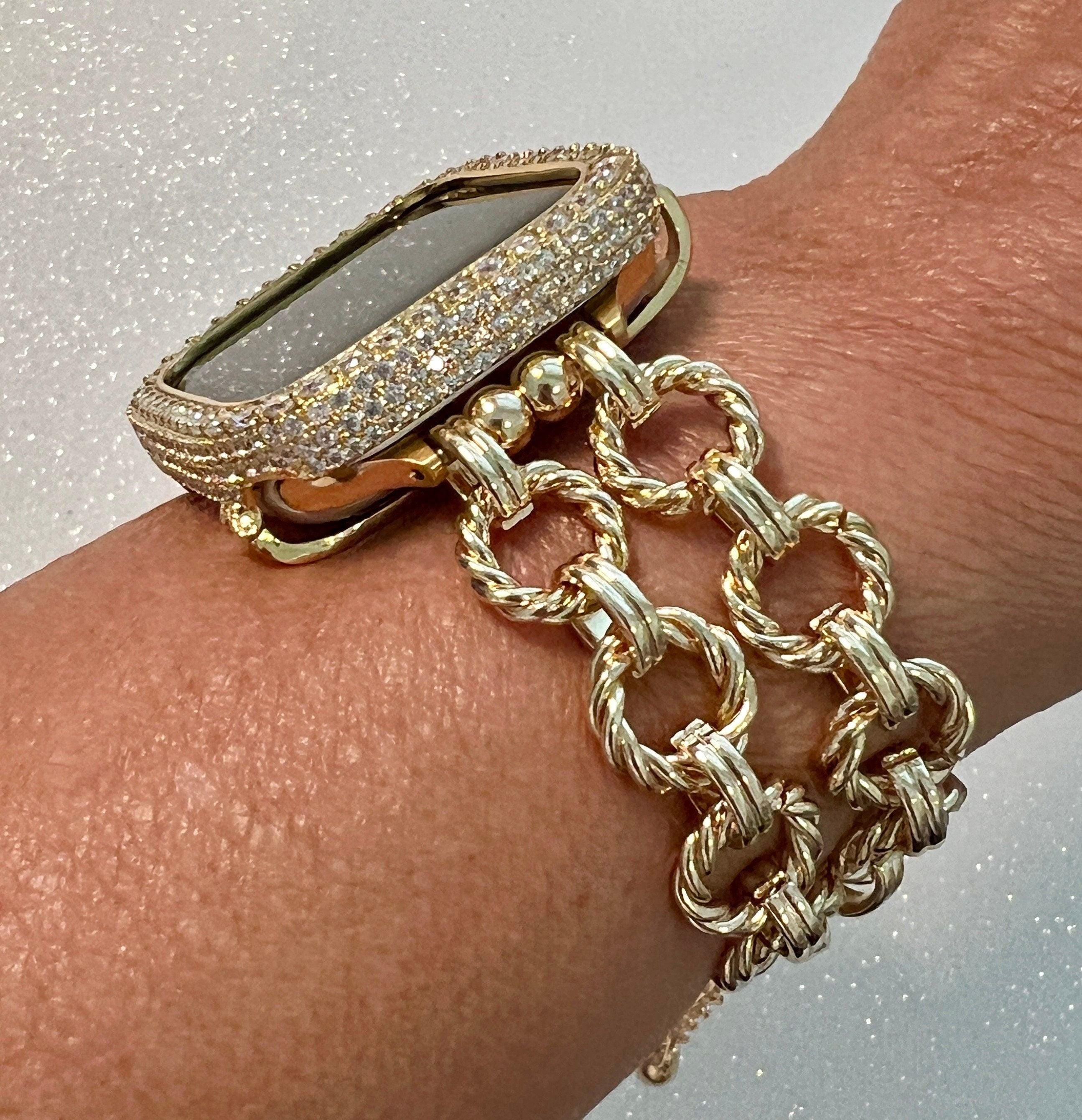 Gold Chain Apple Watch Band, Iphone Watch Bracelet & or Apple Watch Case Lab Diamond Bezel Iwatch Cover 39mm-49mm Ultra Series 2-9 SE