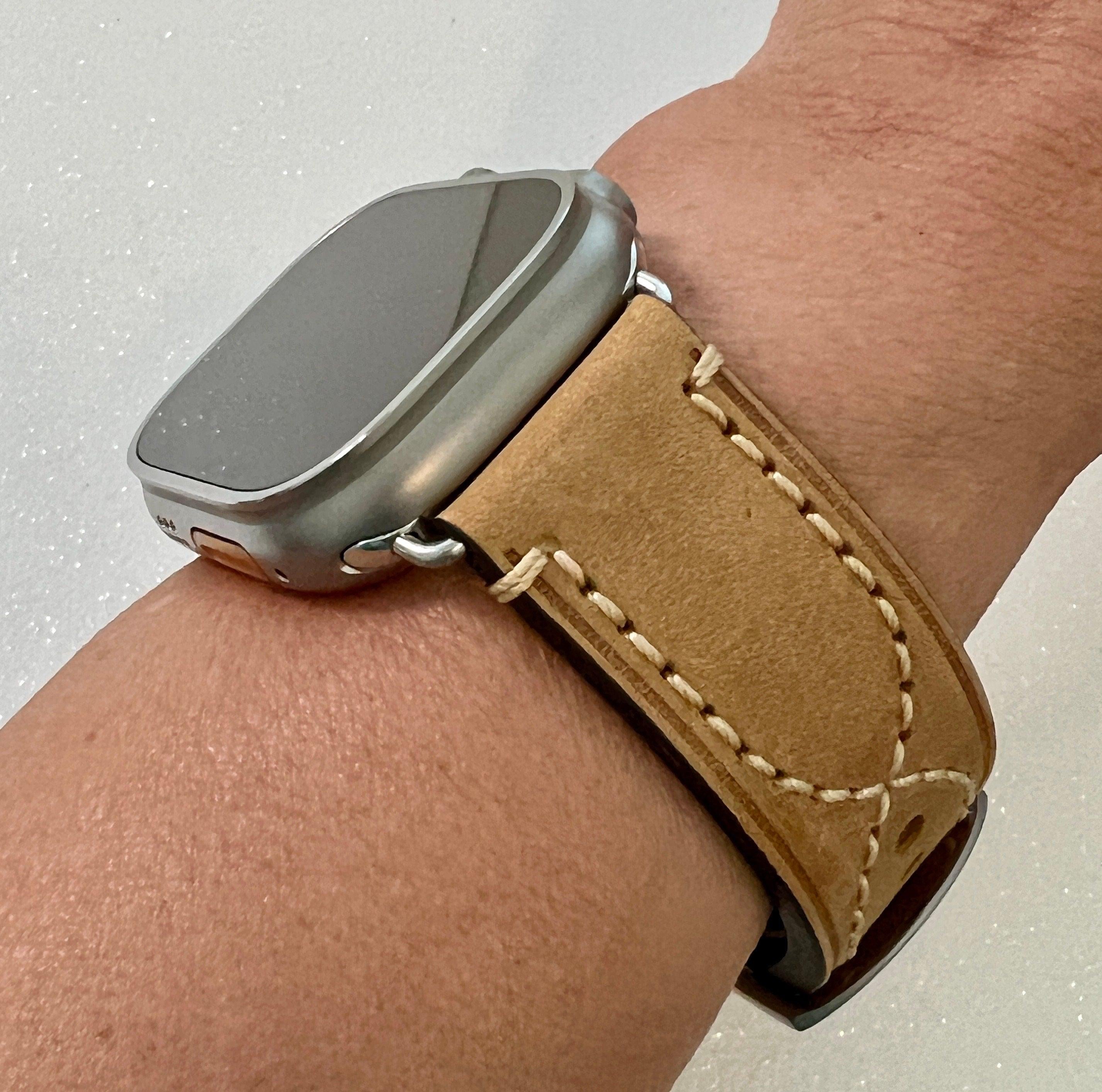 Bold Tan Hand Stitched Leather Apple Watch Band 49mm Ultra Rugged Brown Wide Apple Watch Straps Iwatch Candy 45mm 44mm 42mm Series 9