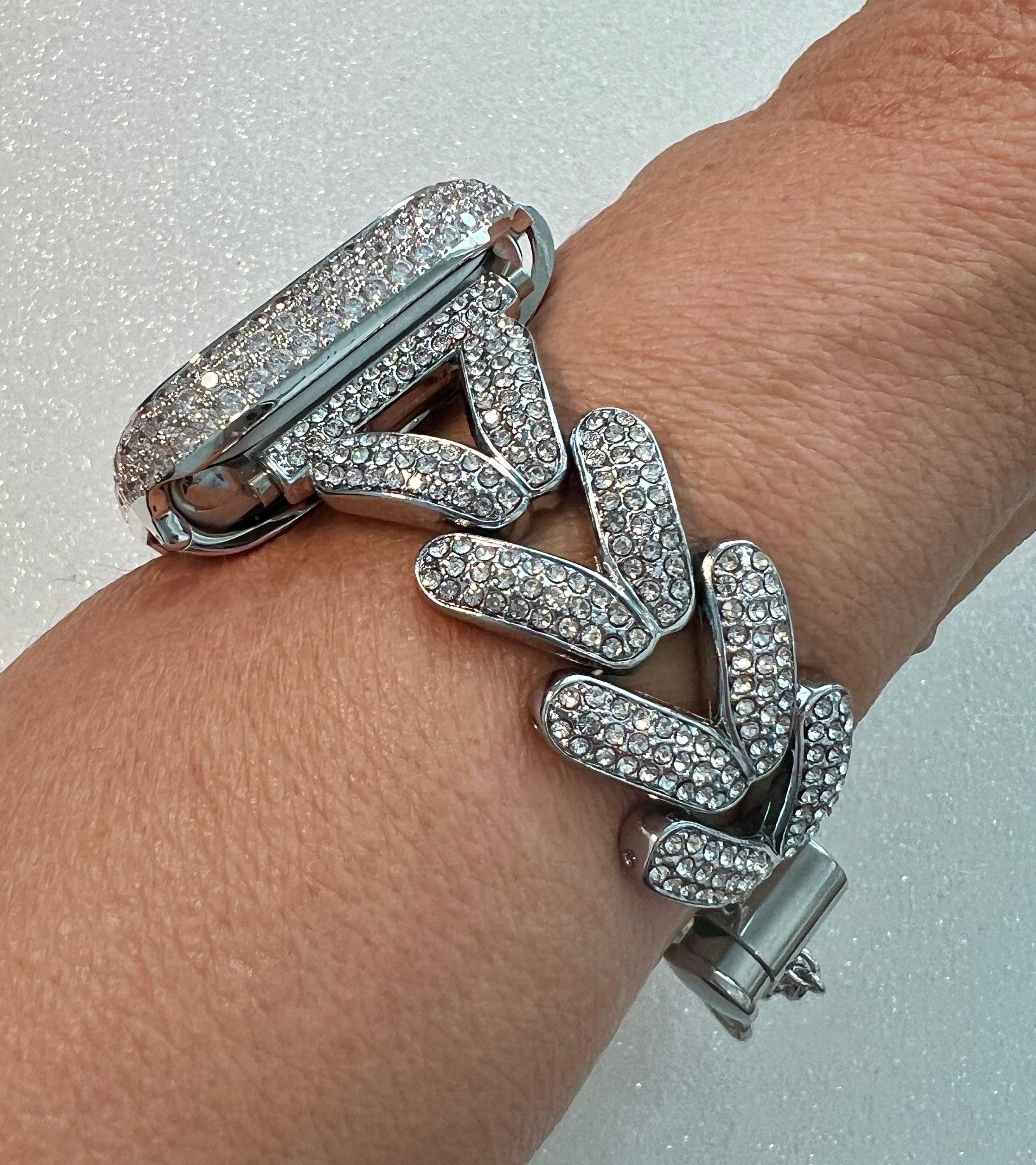 Designer Apple Watch Band Woman Silver Crystal Heart Charm & or Apple Watch Case Lab Diamond Bezel 38mm-49mm Apple Watch Cover