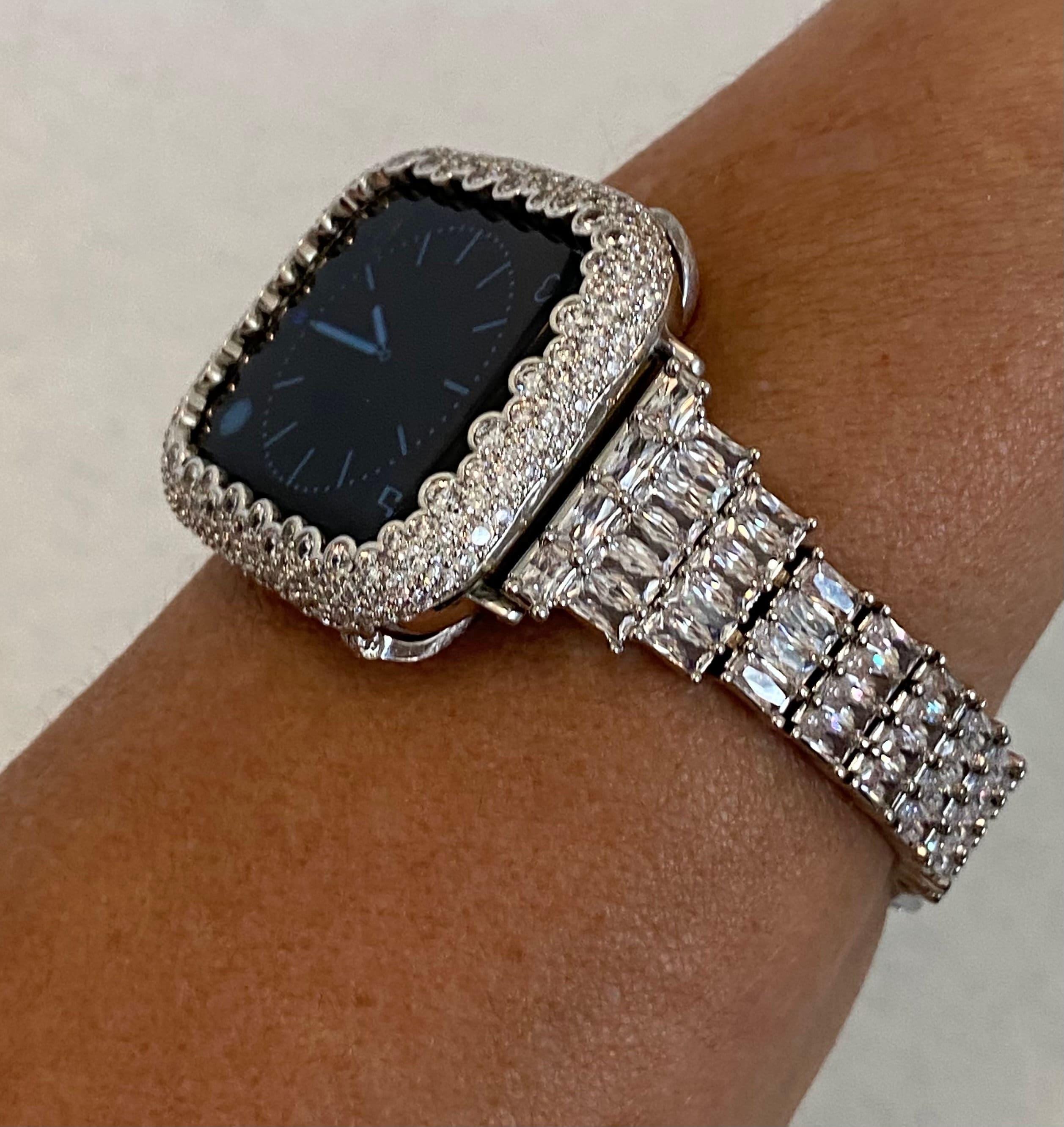 Apple Watch Band Women's Designer Silver with Swarovski Crystal Baguettes and or Apple Watch Cover with Lab Diamonds. Sizes 38mm to 49mm Ultra.