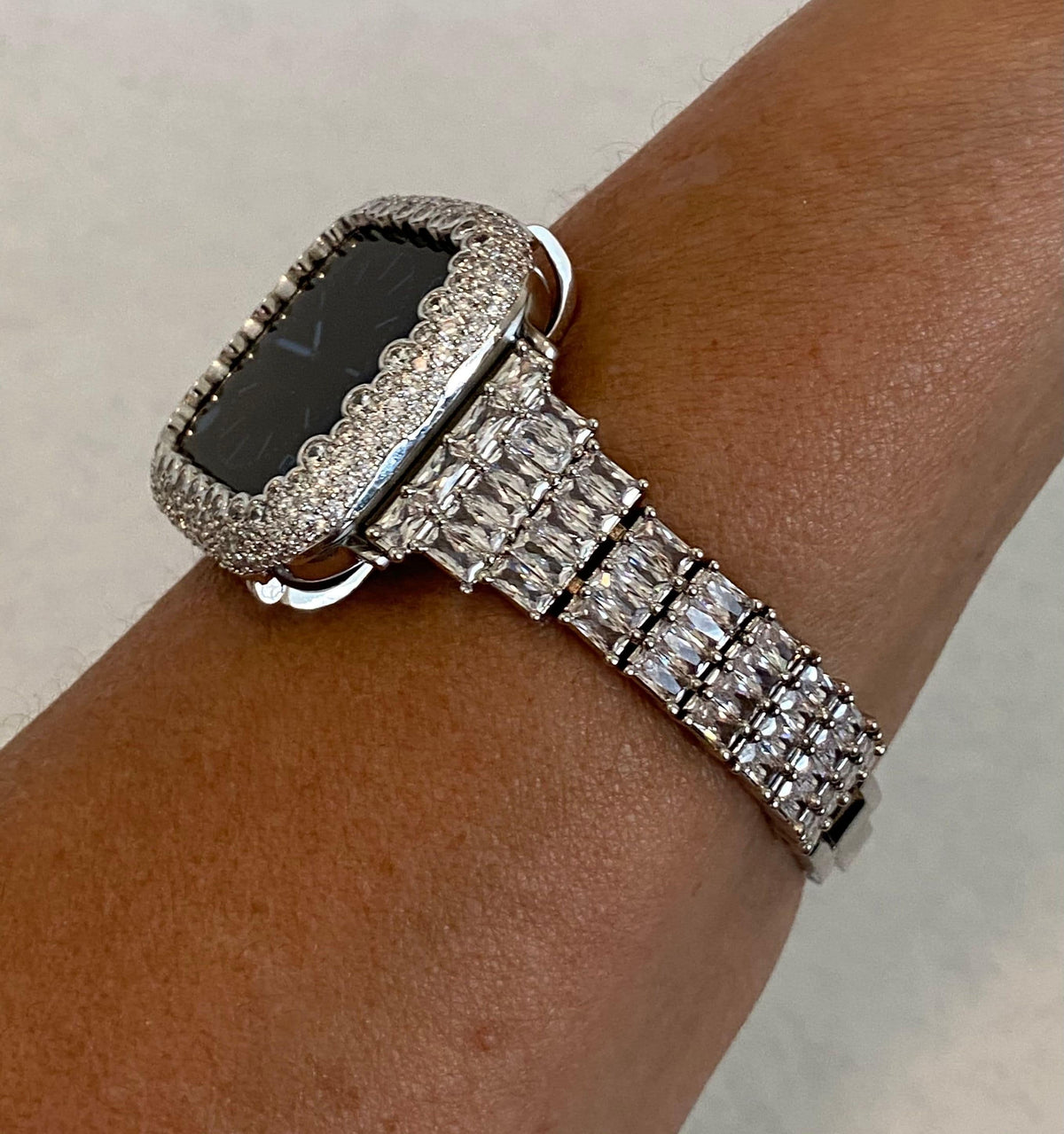 Apple Watch Band Women's Designer Silver with Swarovski Crystal Baguettes and or Apple Watch Cover with Lab Diamonds. Sizes 38mm to 49mm Ultra.