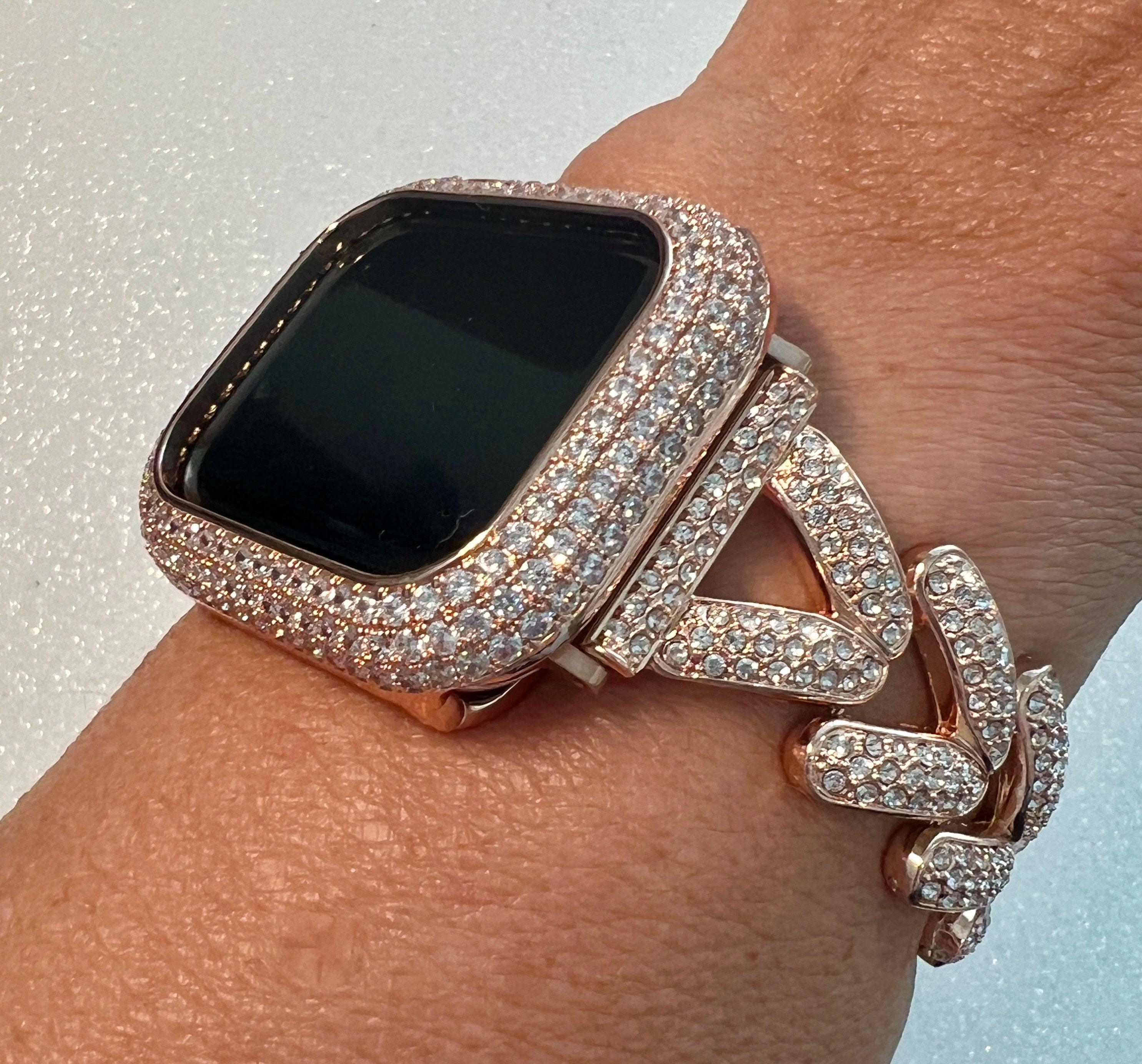 Designer Apple Watch Band Woman Rose Gold Crystal Heart Charm & or Apple Watch Case Lab Diamond Bezel 38mm-49mm Apple Watch Cover