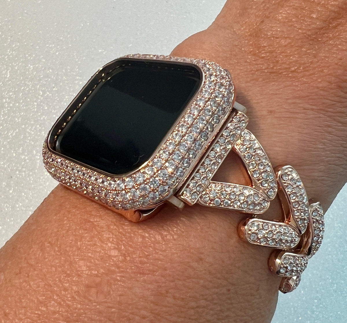 Designer Apple Watch Band Woman Rose Gold Crystal Heart Charm & or Apple Watch Case Lab Diamond Bezel 38mm-49mm Apple Watch Cover