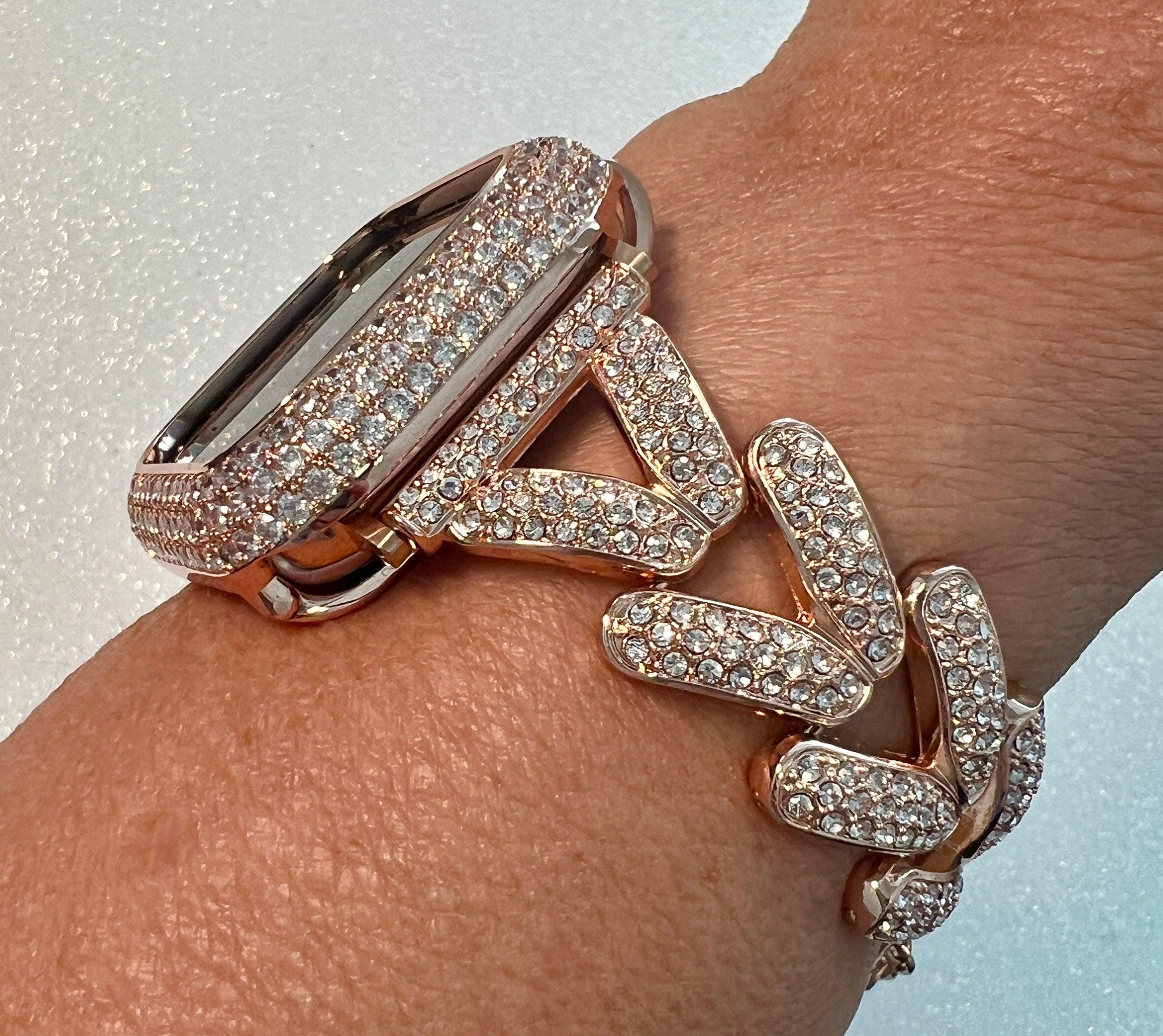 Designer Apple Watch Band Woman Rose Gold Crystal Heart Charm & or Apple Watch Case Lab Diamond Bezel 38mm-49mm Apple Watch Cover