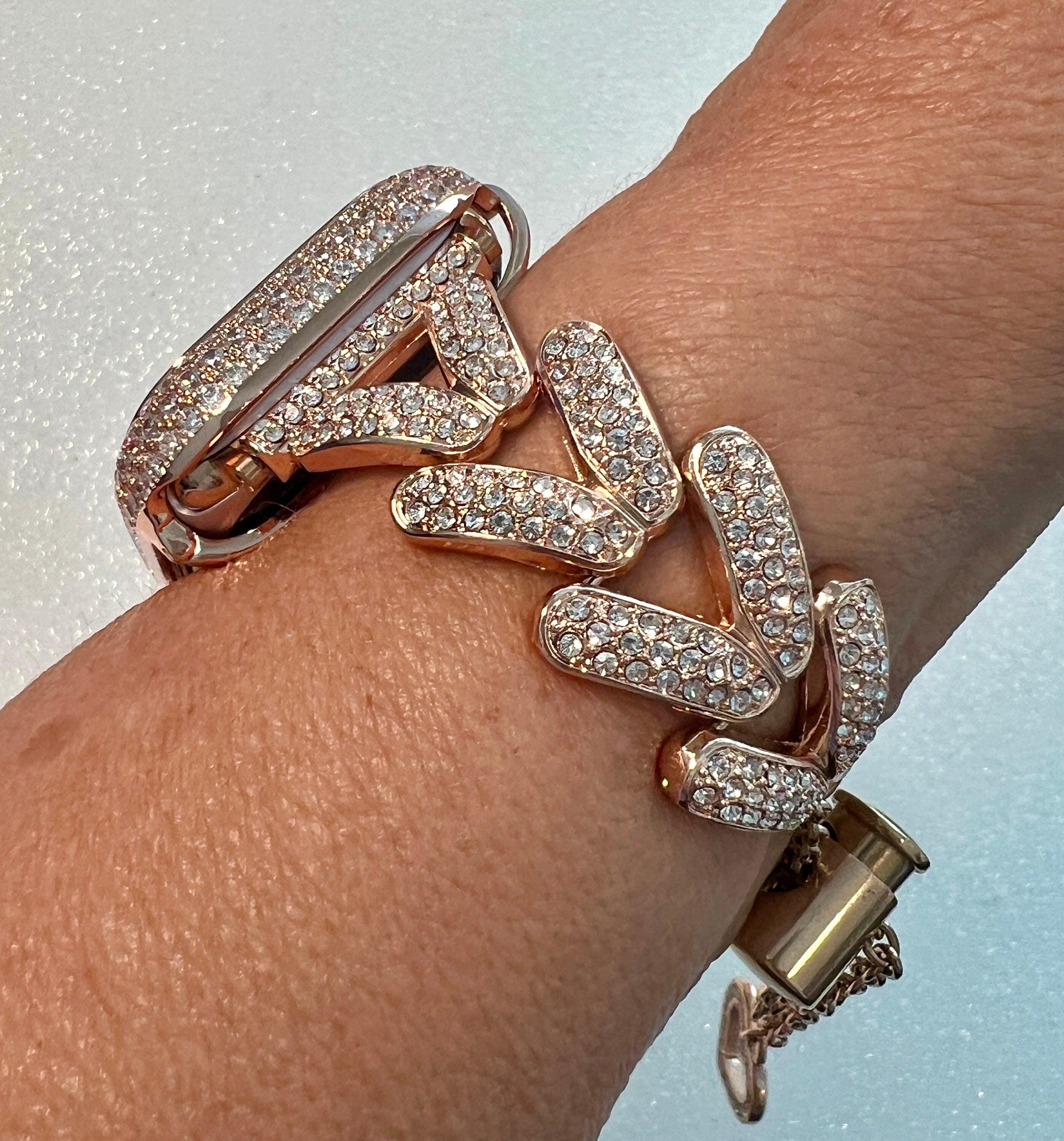 Designer Apple Watch Band Woman Rose Gold Crystal Heart Charm & or Apple Watch Case Lab Diamond Bezel 38mm-49mm Apple Watch Cover