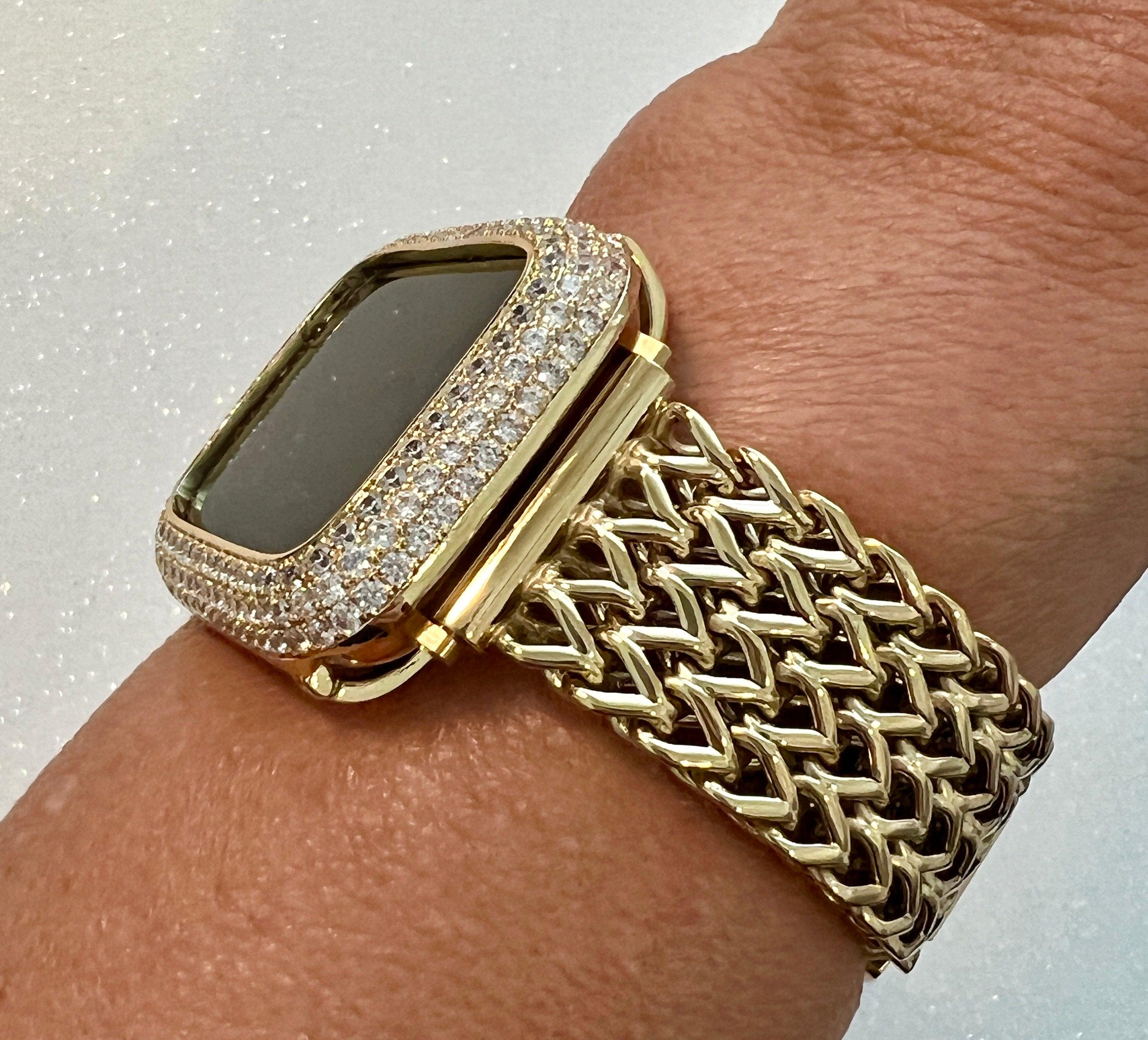 Gold Apple Watch Band Stainless Steel Womens Iphone Watch Bracelet & or Apple Watch Case Lab Diamond Bezel 38mm-49mm Ultra Iwatch Candy