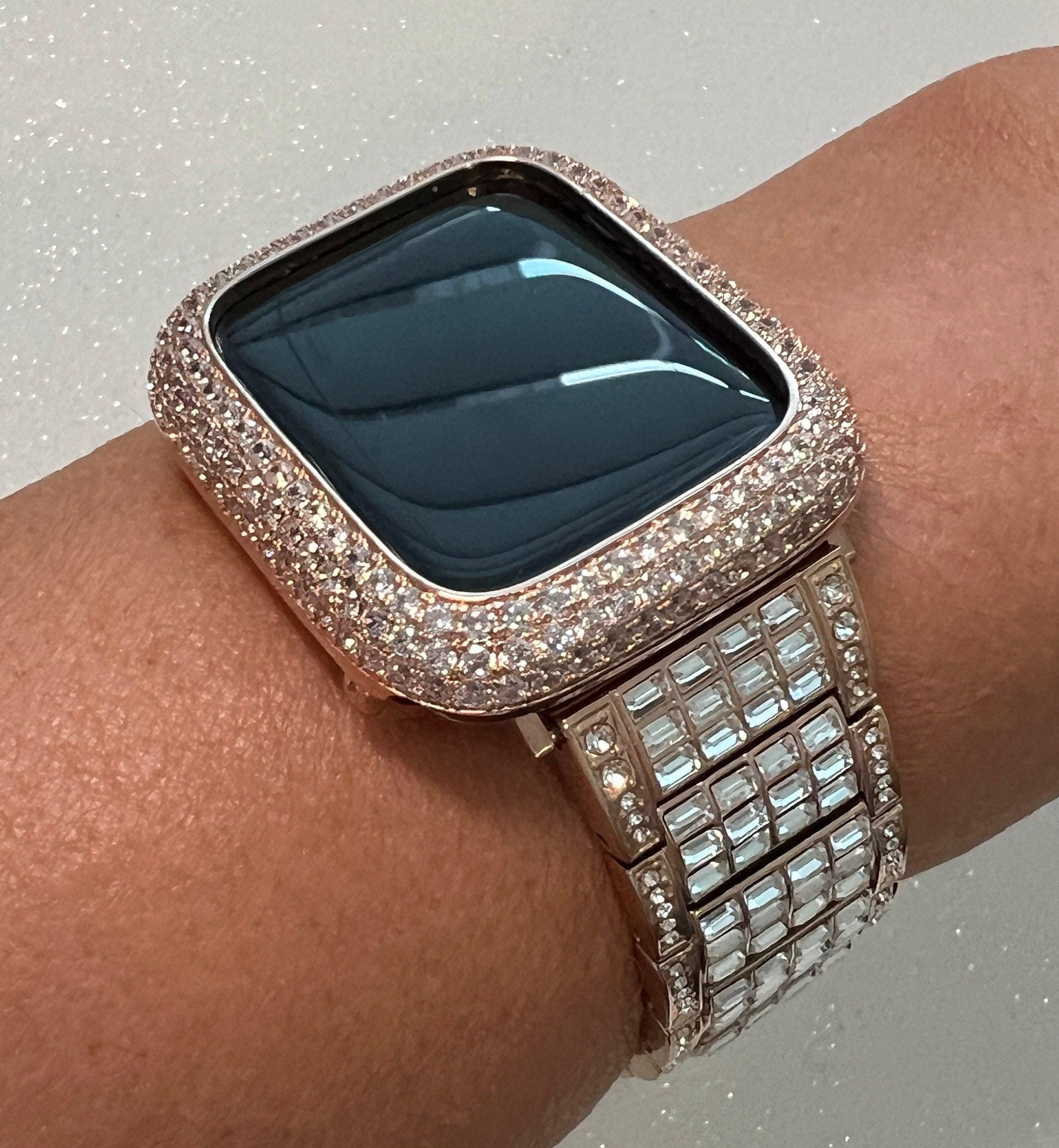 Apple Watch Band Women Rose Gold Crystals & or Apple Watch Cover Pave Lab Diamond Bezel Case 38mm-49mm Ultra Iwatch Candy Bling