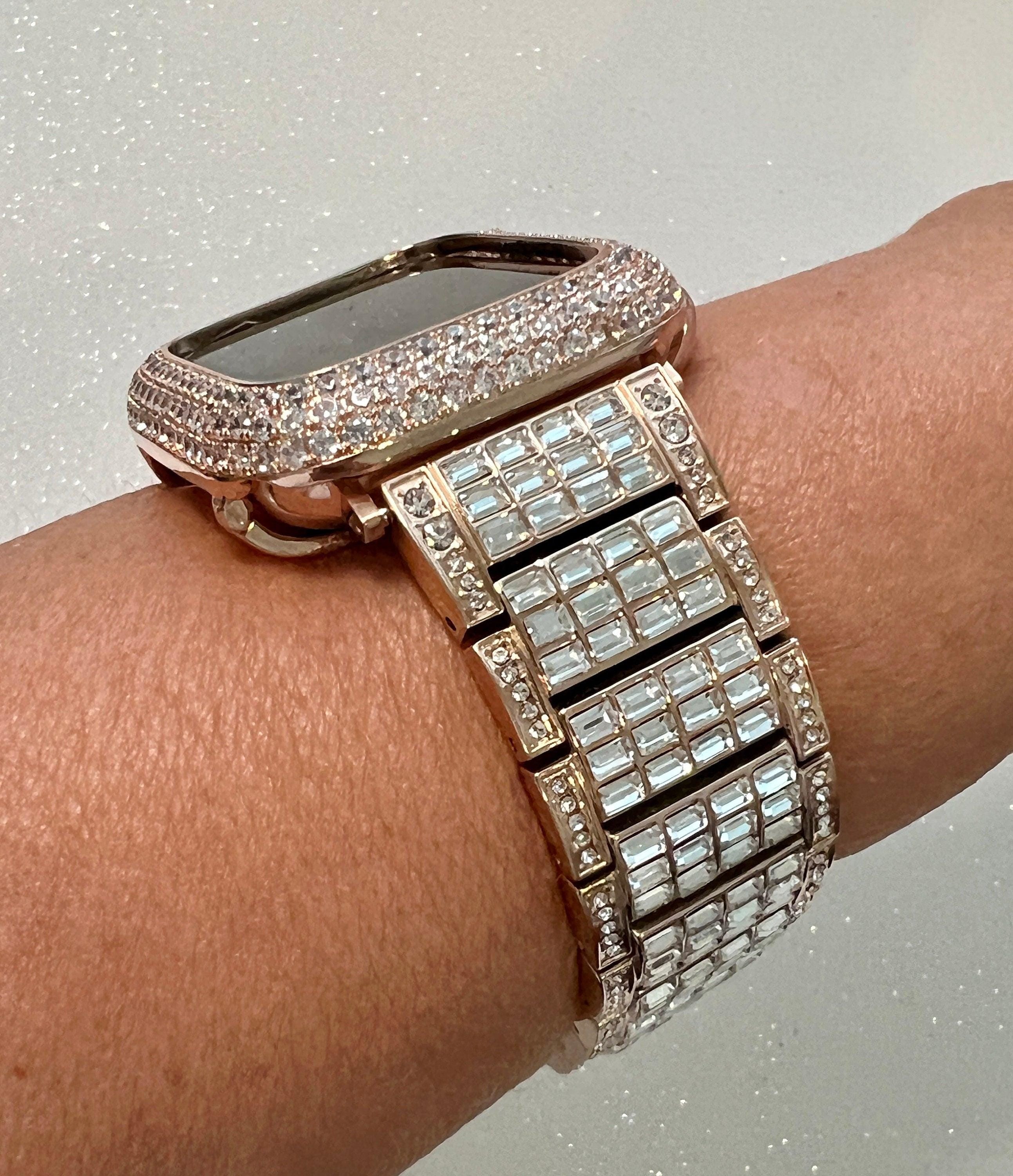 Apple Watch Band Women Rose Gold Crystals & or Apple Watch Cover Pave Lab Diamond Bezel Case 38mm-49mm Ultra Iwatch Candy Bling