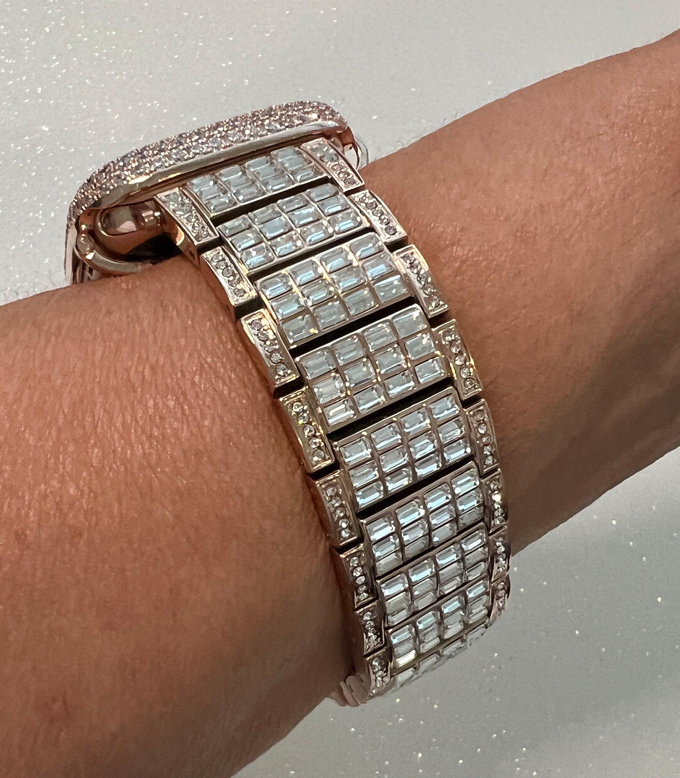 Apple Watch Band Women Rose Gold Crystals & or Apple Watch Cover Pave Lab Diamond Bezel Case 38mm-49mm Ultra Iwatch Candy Bling