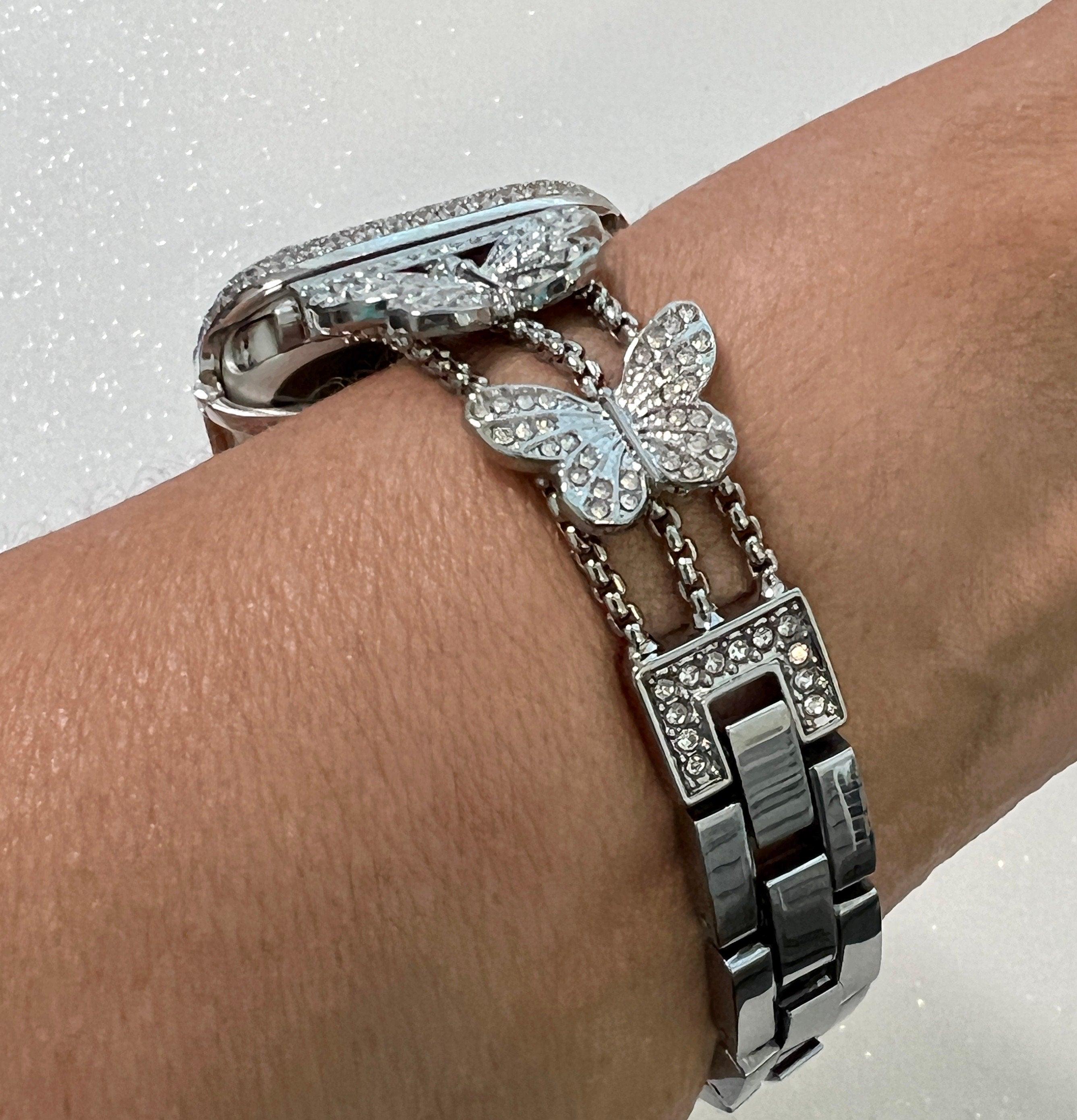 Butterfly Apple Watch Band 49mm Woman Silver Swarovski Crystal & or Apple Watch Case Pave Lab Diamonds Apple Watch Cover Iwatch Candy Bling
