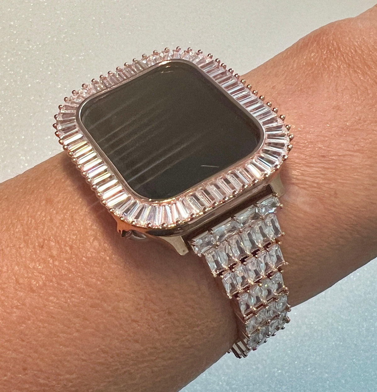 Custom Rose Gold Apple Watch Band Women 41mm 45mm & or Baguette Apple Watch Case Lab Diamond Bezel Iphone Watch Cover Iwatch Candy Bling