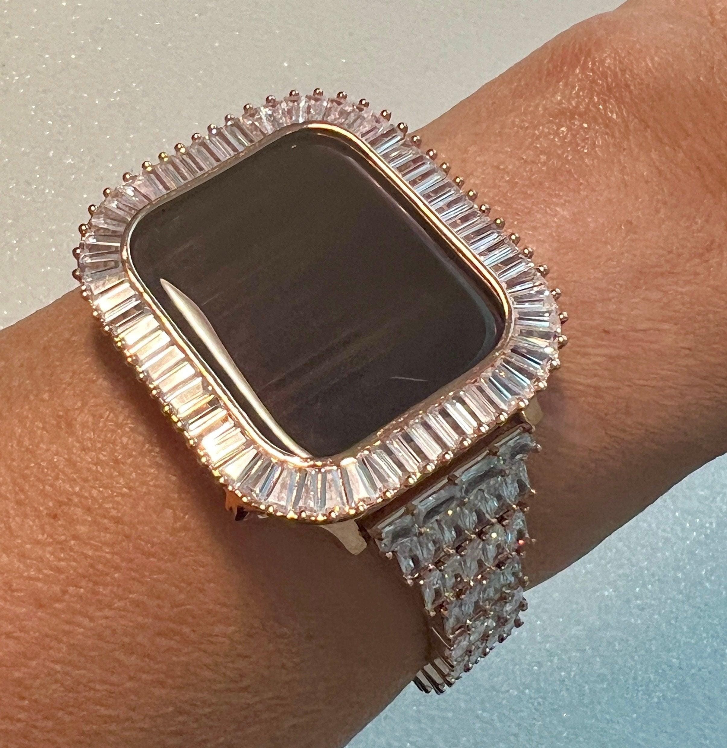 Custom Rose Gold Apple Watch Band Women 41mm 45mm & or Baguette Apple Watch Case Lab Diamond Bezel Iphone Watch Cover Iwatch Candy Bling