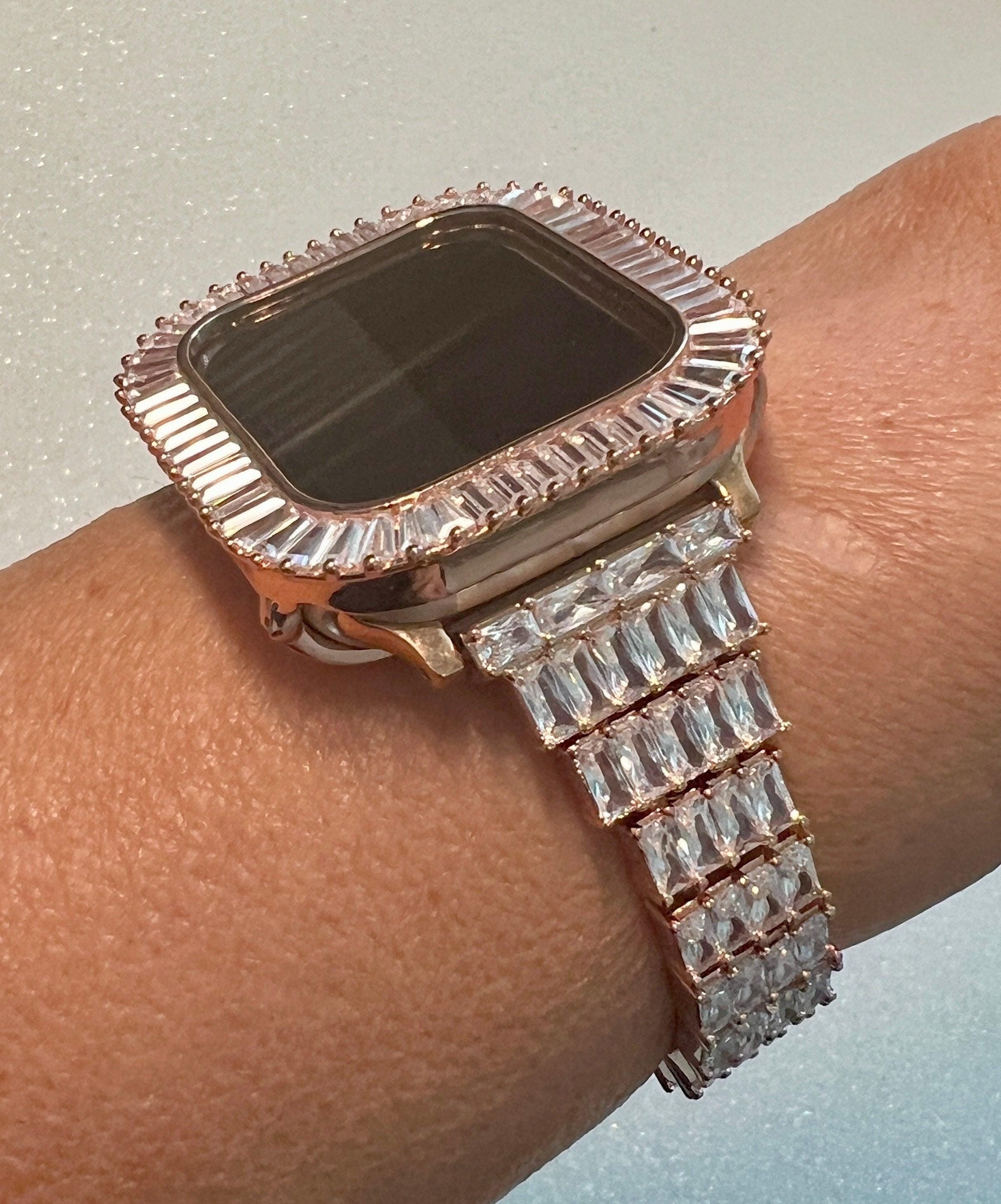 Custom Rose Gold Apple Watch Band Women 41mm 45mm & or Baguette Apple Watch Case Lab Diamond Bezel Iphone Watch Cover Iwatch Candy Bling