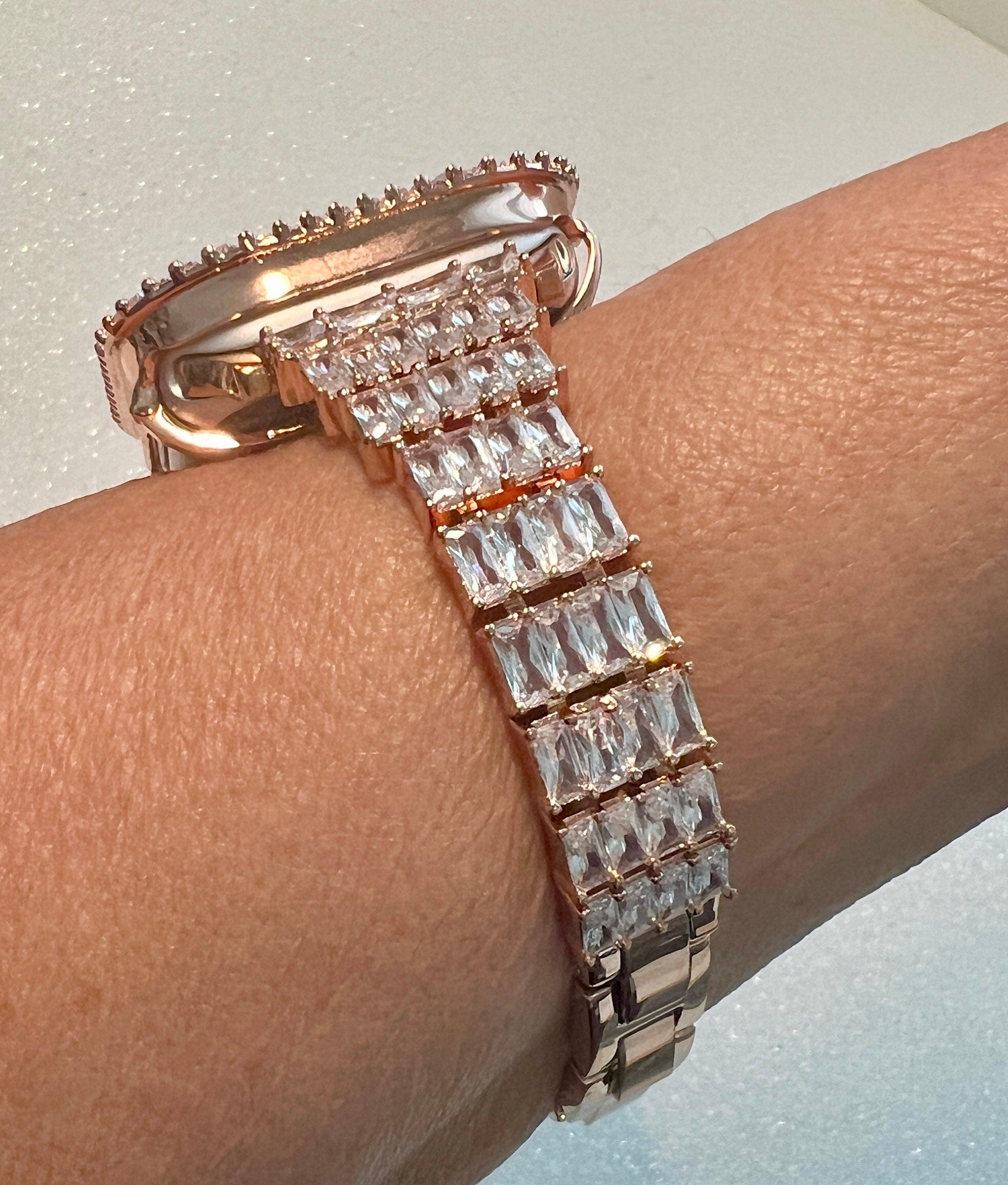 Custom Rose Gold Apple Watch Band Women 41mm 45mm & or Baguette Apple Watch Case Lab Diamond Bezel Iphone Watch Cover Iwatch Candy Bling