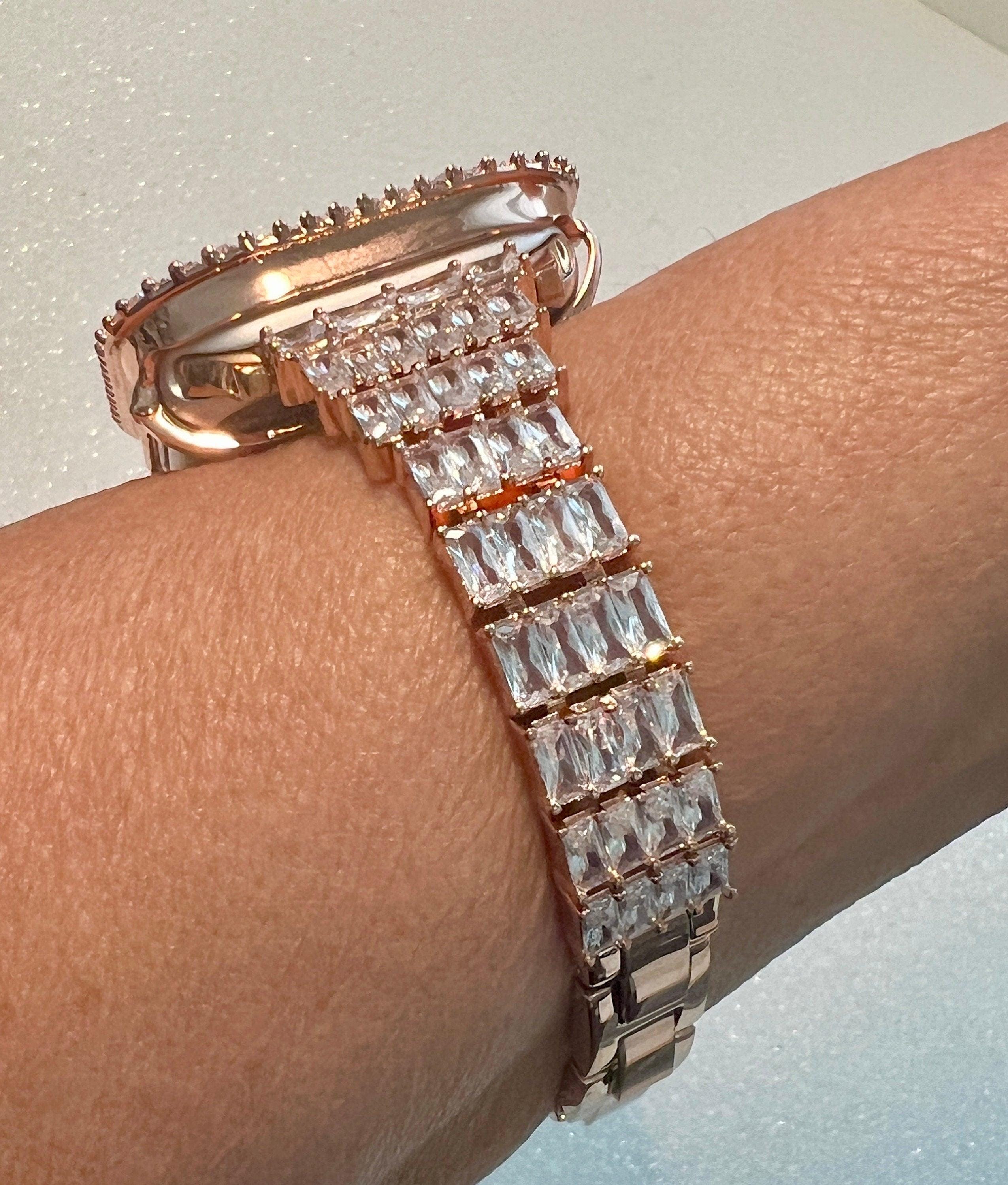 Custom Rose Gold Apple Watch Band Women 41mm 45mm & or Baguette Apple Watch Case Lab Diamond Bezel Iphone Watch Cover Iwatch Candy Bling