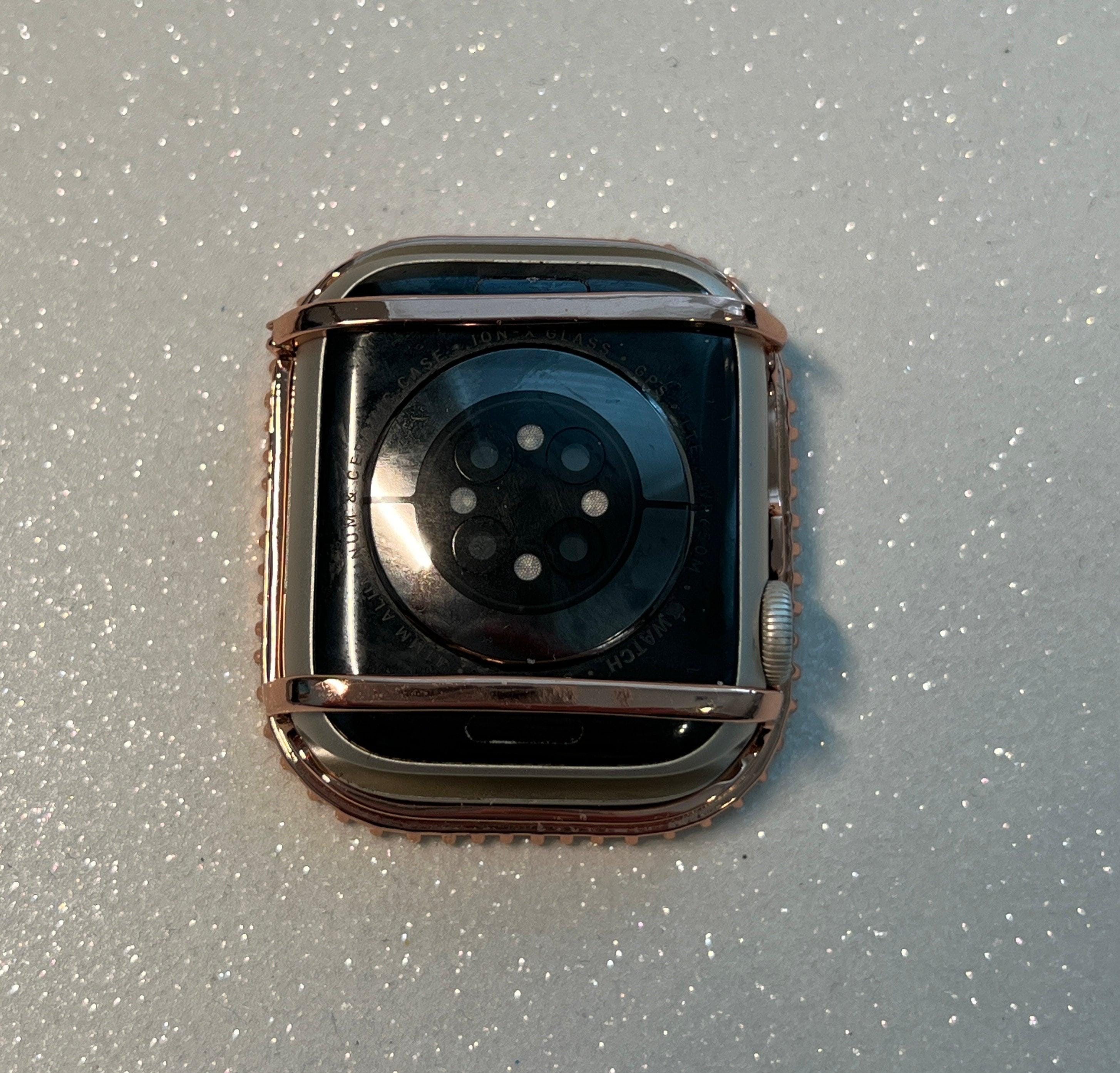 Custom Rose Gold Apple Watch Band Women 41mm 45mm & or Baguette Apple Watch Case Lab Diamond Bezel Iphone Watch Cover Iwatch Candy Bling