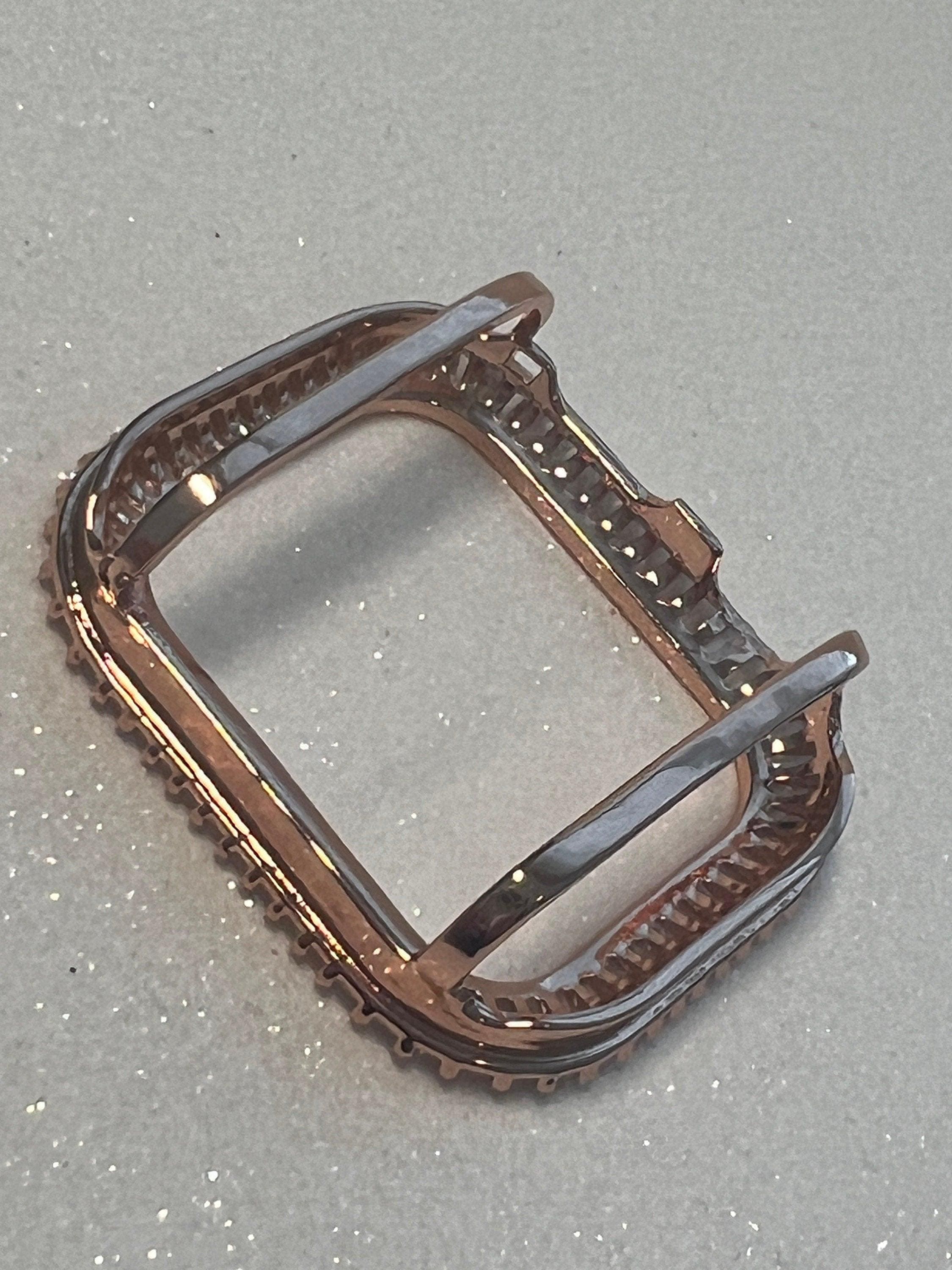 Custom Rose Gold Apple Watch Band Women 41mm 45mm & or Baguette Apple Watch Case Lab Diamond Bezel Iphone Watch Cover Iwatch Candy Bling