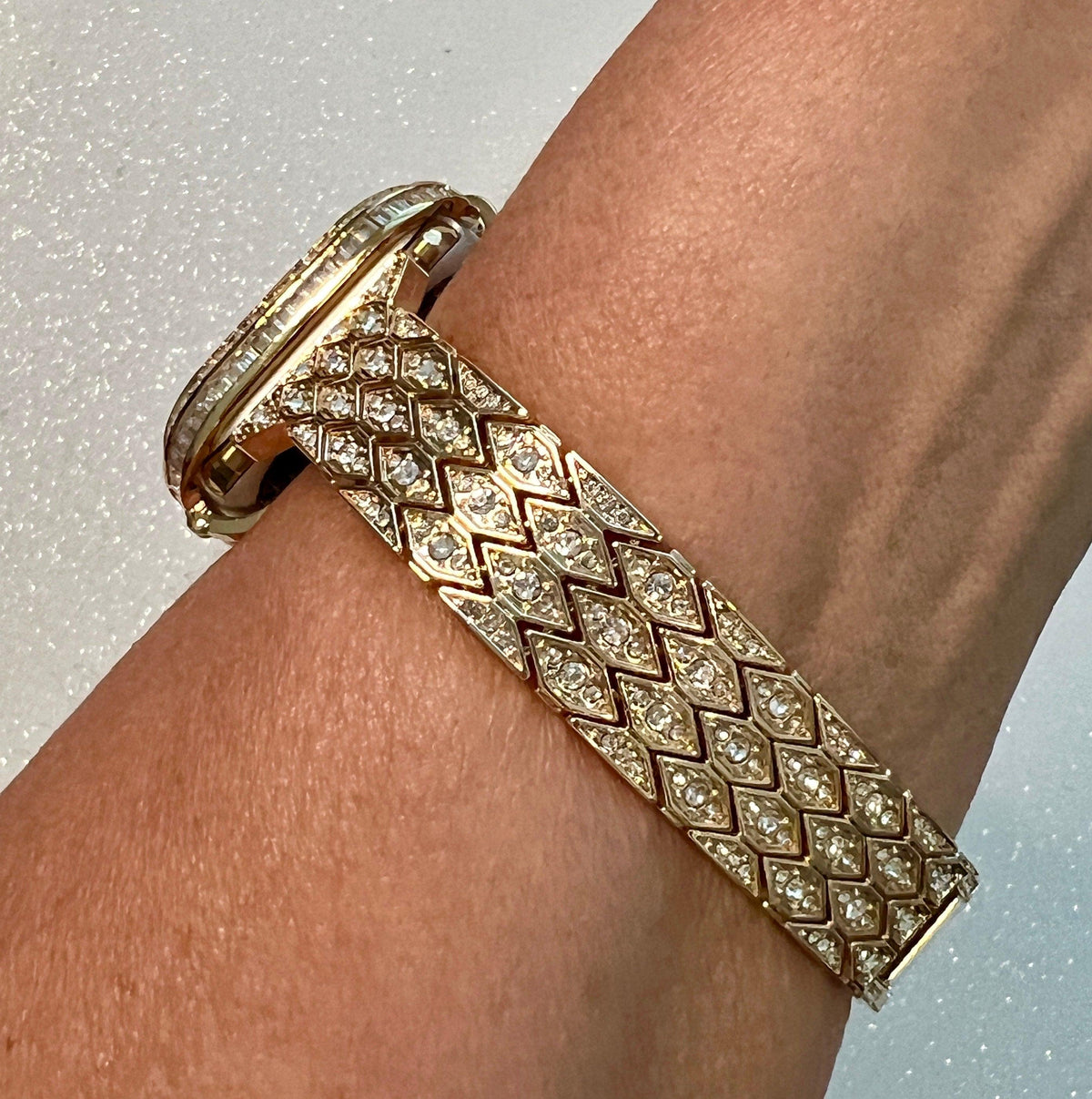 Designer Apple Watch Band Womens Gold, Crystal Iphone Watch Bracelet & or Apple Watch Cover Baguette Lab Diamond Bezel Iwatch Candy Bling