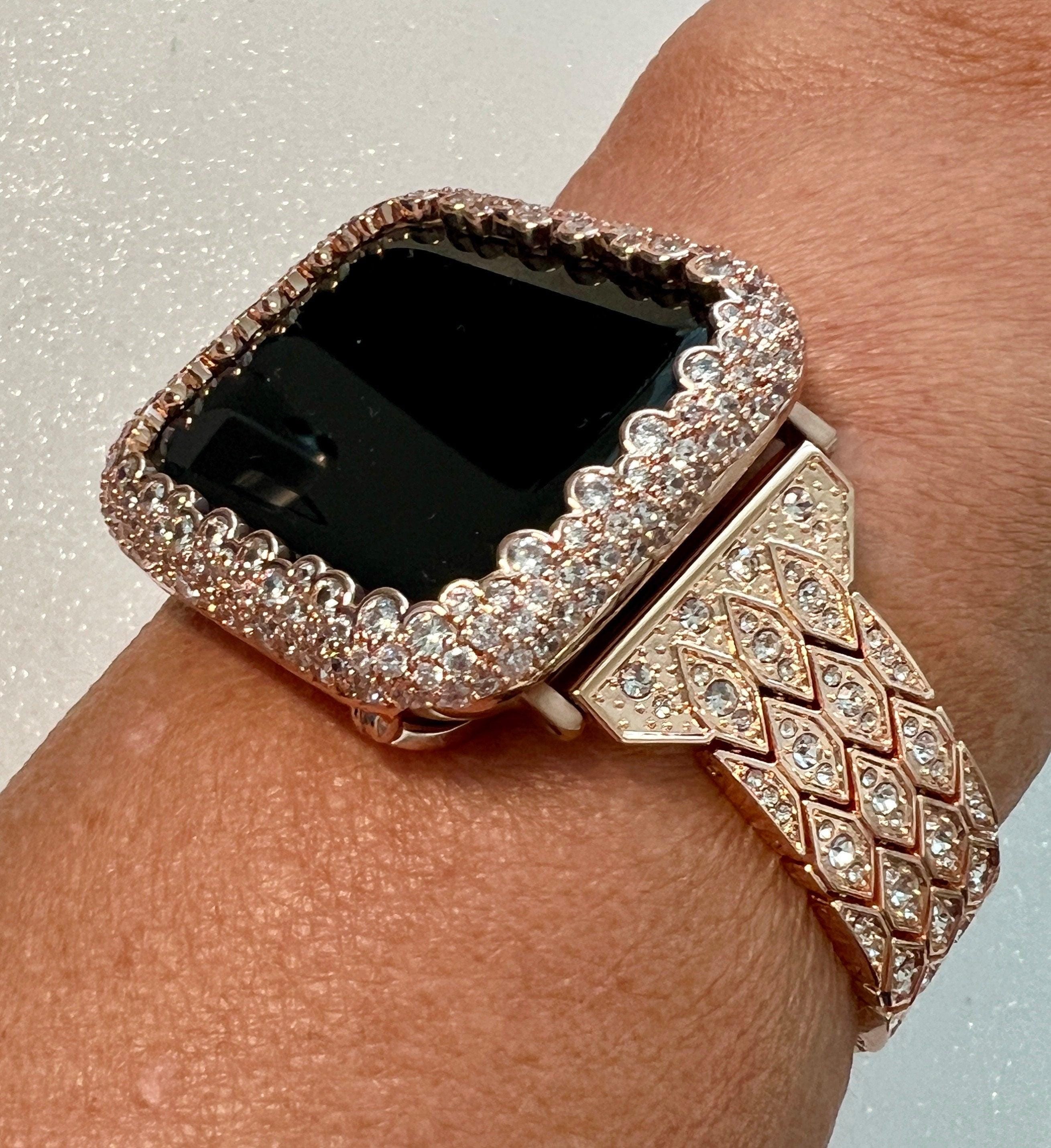 Pave Apple Watch Band Womens Rose Gold Crystals 38mm-49mm & or Apple Watch Cover Lab Diamond Bezel Apple Watch Case for Iphone Watch Bling