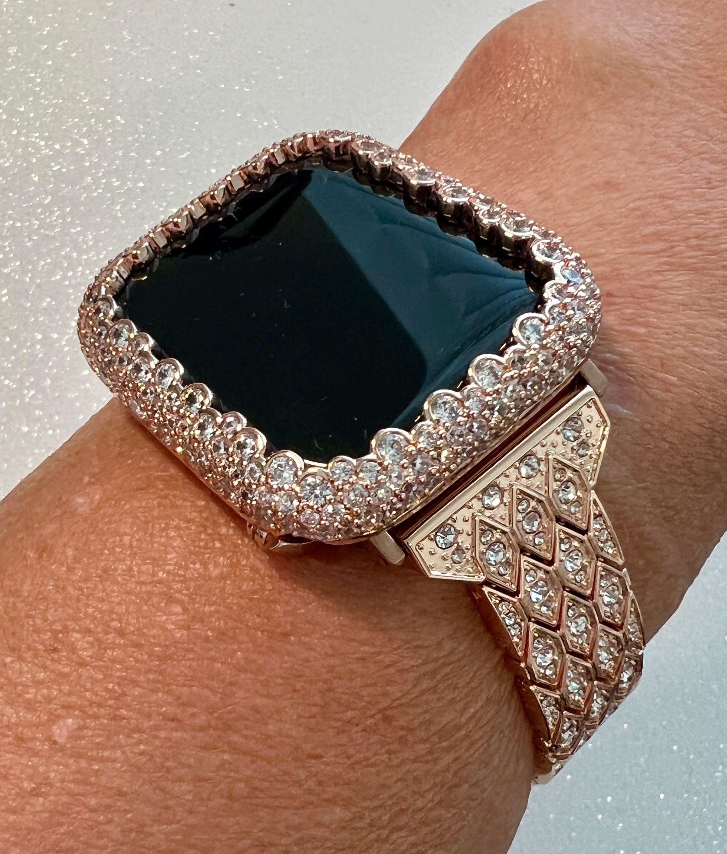 Pave Apple Watch Band Womens Rose Gold Crystals 38mm-49mm & or Apple Watch Cover Lab Diamond Bezel Apple Watch Case for Iphone Watch Bling