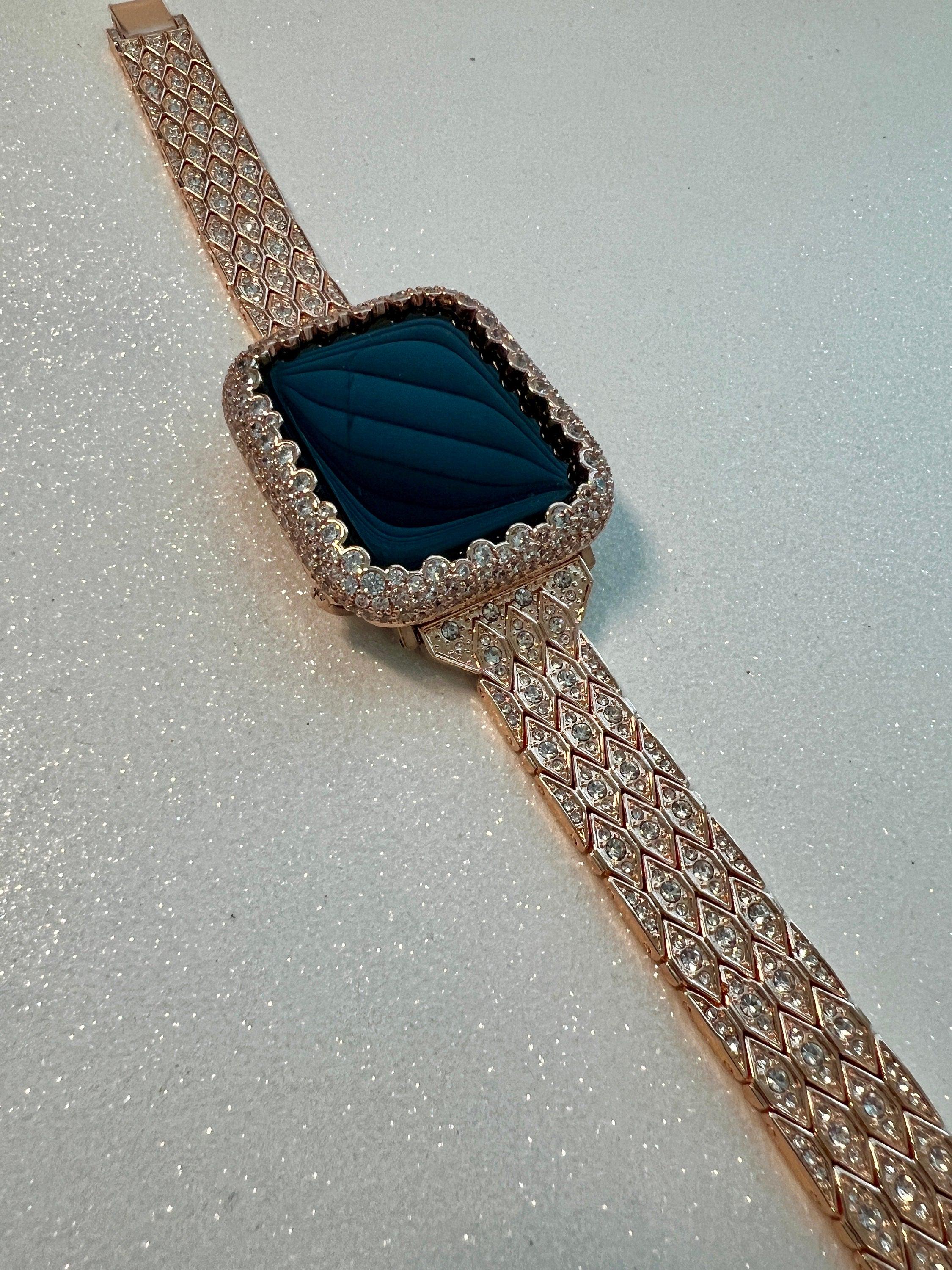 Pave Apple Watch Band Womens Rose Gold Crystals 38mm-49mm & or Apple Watch Cover Lab Diamond Bezel Apple Watch Case for Iphone Watch Bling