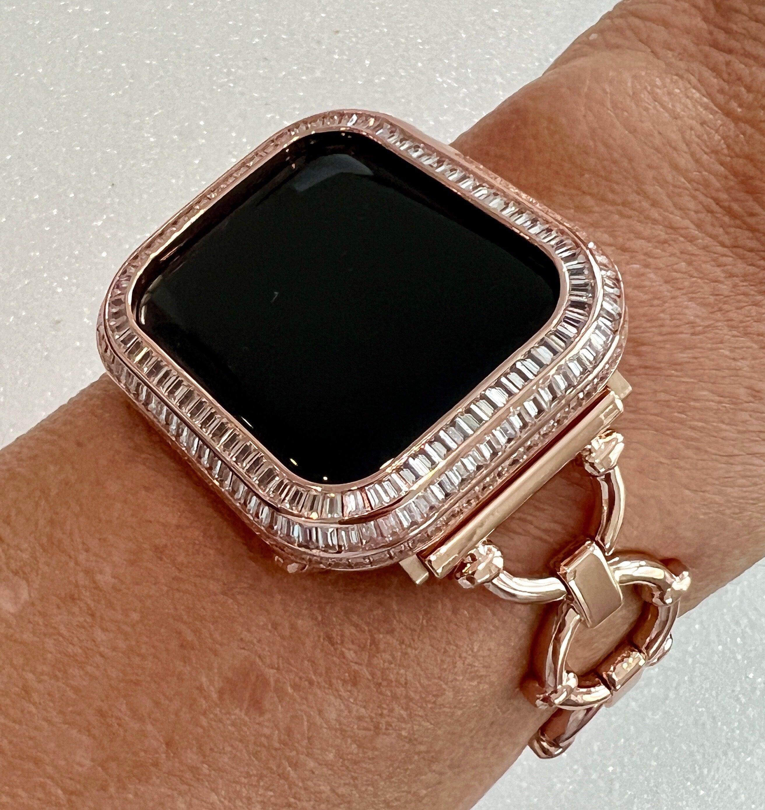 Minimalist Rose Gold Apple Watch Band Womens Bracelet, Iwatch Phone band & or Apple Watch Case Baguette Lab Diamond Bezel Iwatch Cover Gift
