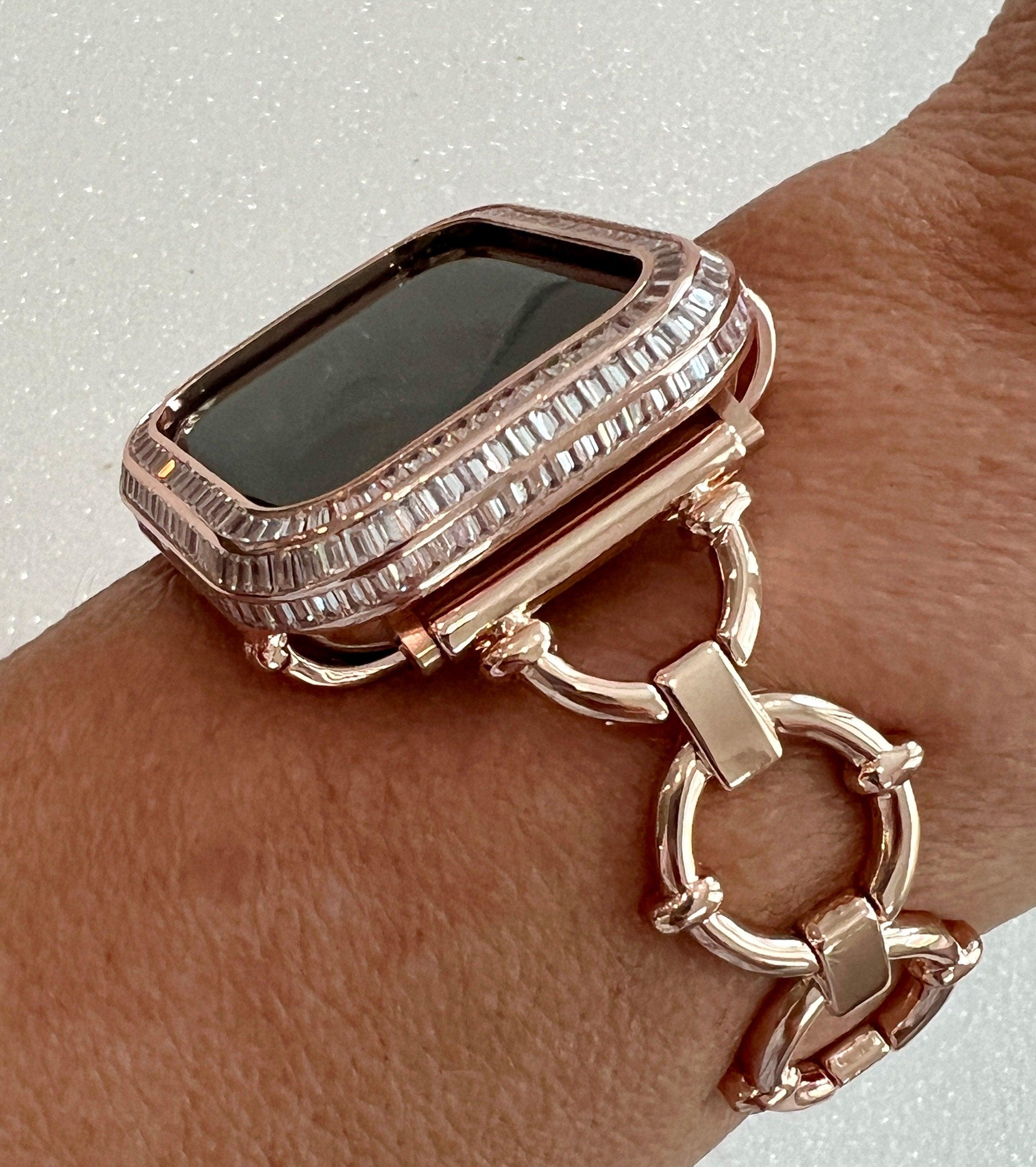 Minimalist Rose Gold Apple Watch Band Womens Bracelet, Iwatch Phone band & or Apple Watch Case Baguette Lab Diamond Bezel Iwatch Cover Gift