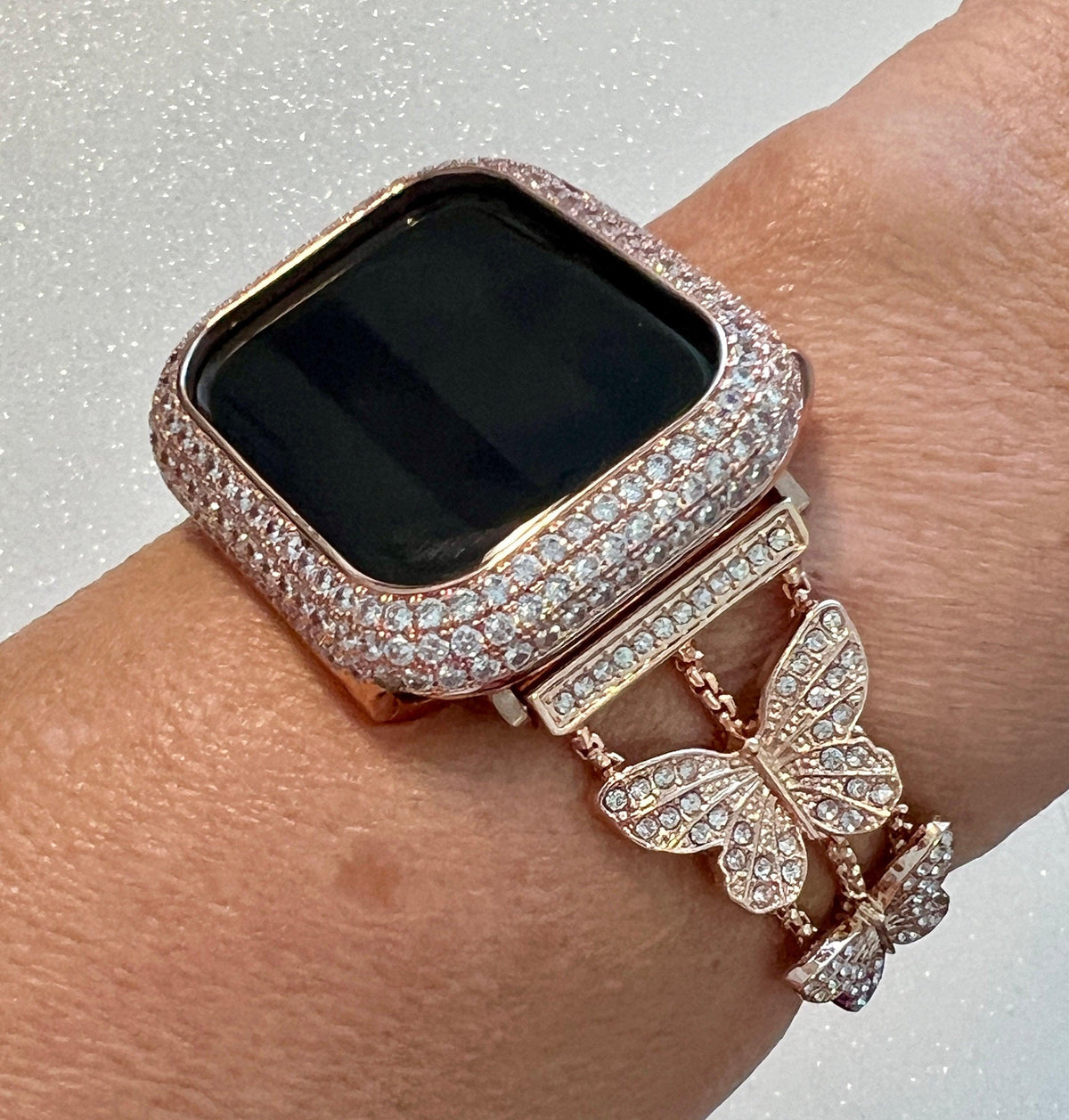 Butterfly Apple Watch Band 49mm Woman Rose Gold Swarovski Crystals & or Apple Watch Case Pave Lab Diamond Bezel Apple Watch Cover Bling