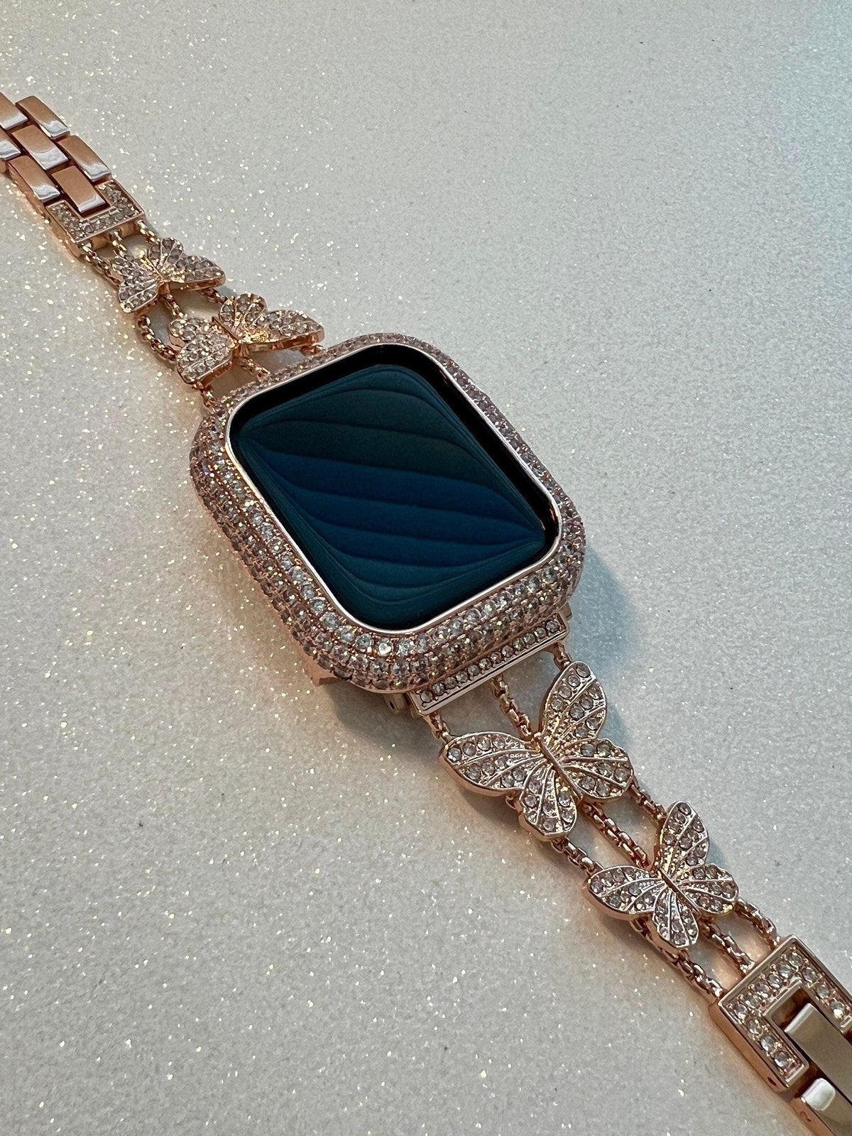 Butterfly Apple Watch Band 49mm Woman Rose Gold Swarovski Crystals & or Apple Watch Case Pave Lab Diamond Bezel Apple Watch Cover Bling