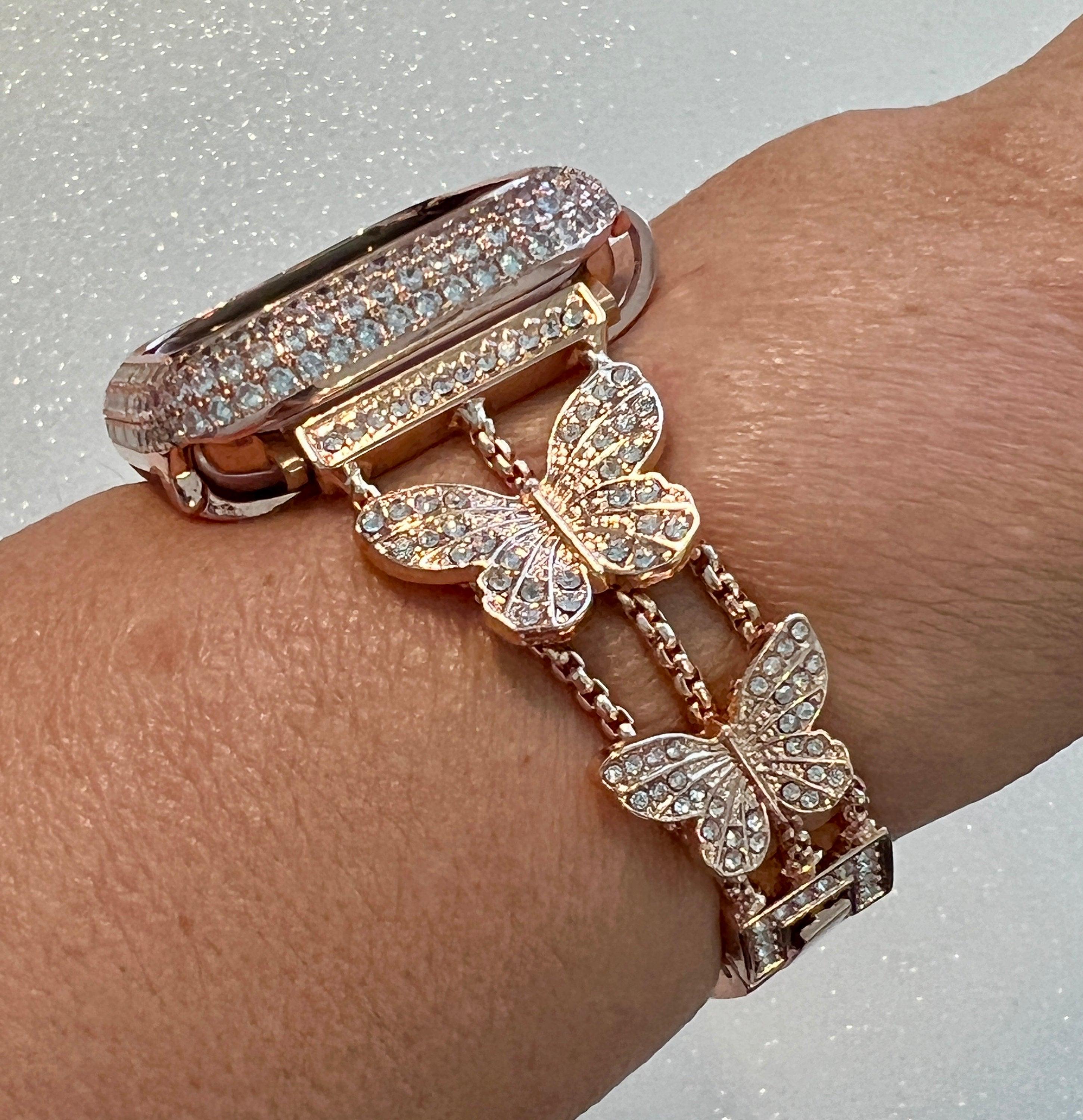 Butterfly Apple Watch Band 49mm Woman Rose Gold Swarovski Crystals & or Apple Watch Case Pave Lab Diamond Bezel Apple Watch Cover Bling