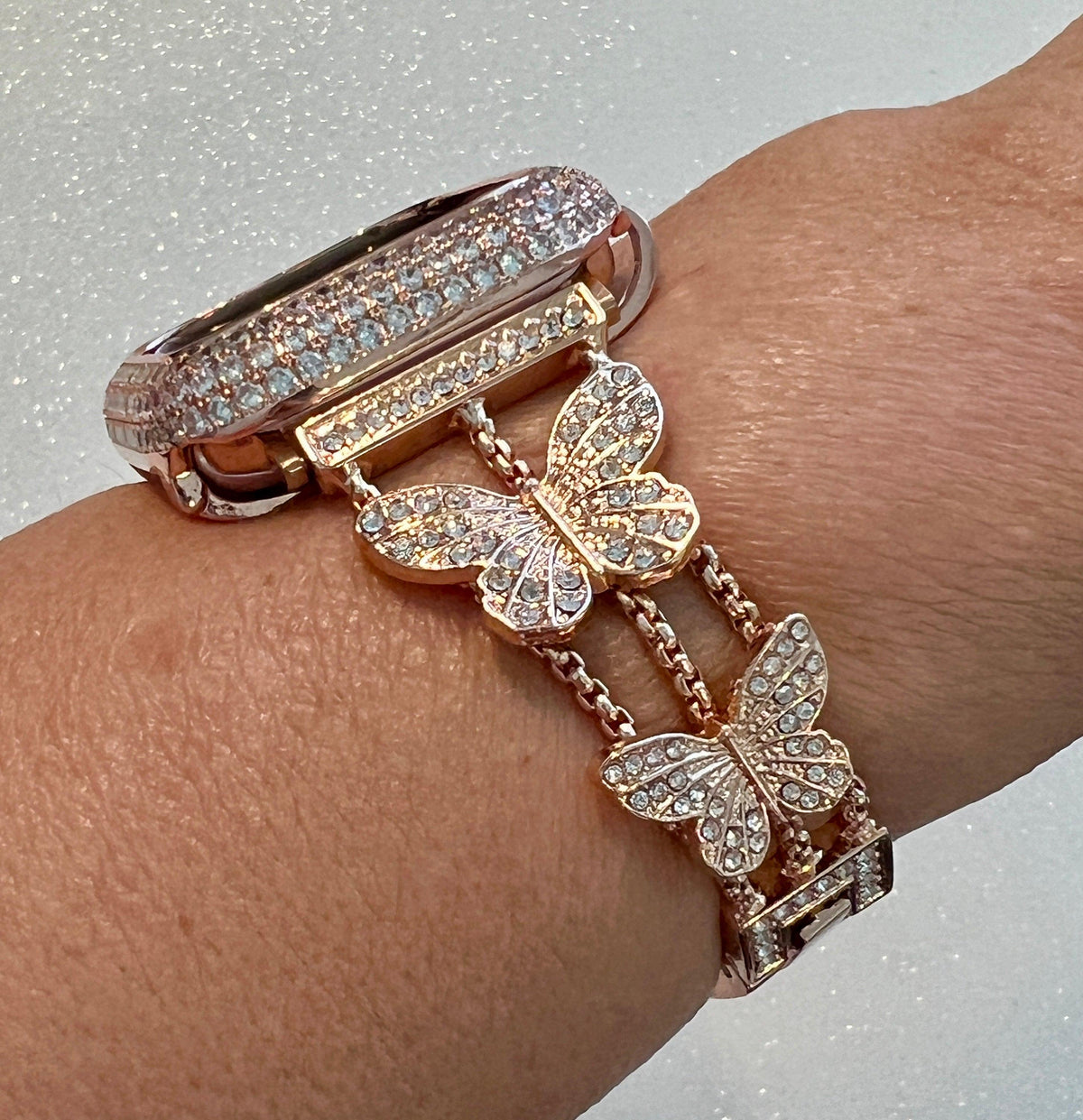 Butterfly Apple Watch Band 49mm Woman Rose Gold Swarovski Crystals & or Apple Watch Case Pave Lab Diamond Bezel Apple Watch Cover Bling