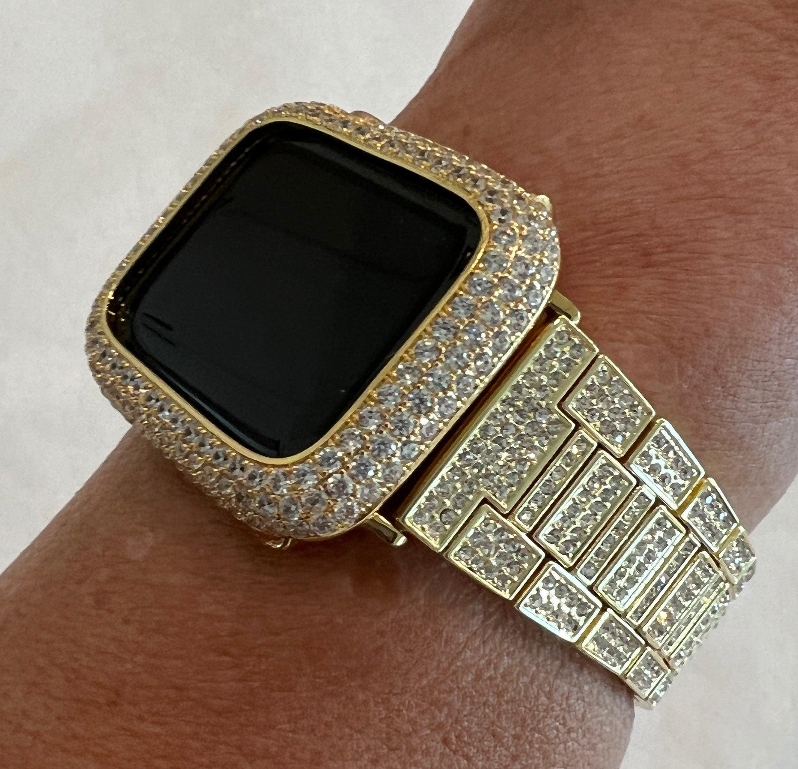 Pave Apple Watch Band 49mm Ultra Gold Swarovski Crystals 38mm-45mm & or Apple Watch Cover Lab Diamond Bezel Case Iwatch Candy Bling