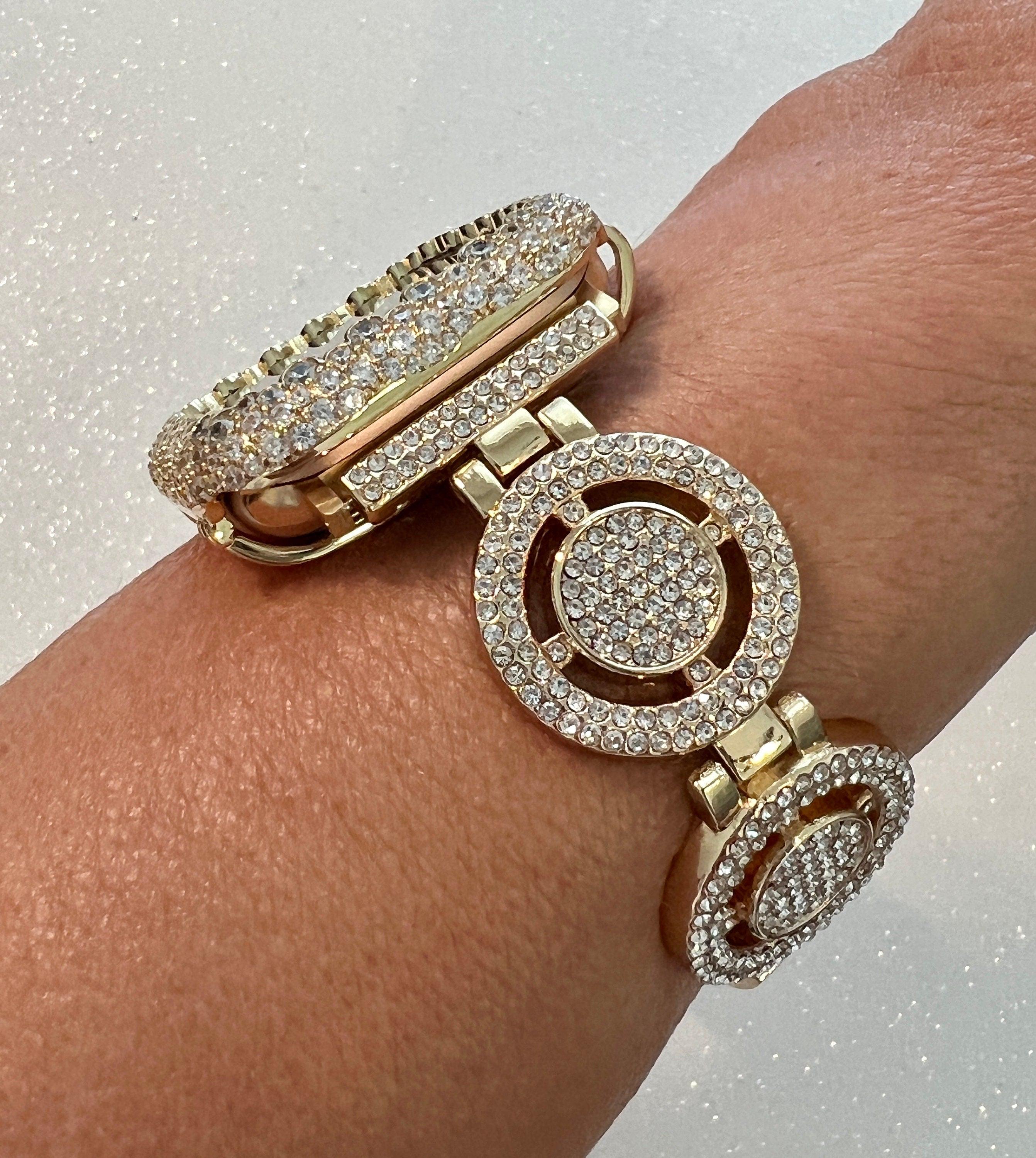 Apple Watch Band Womens Yellow Gold Swarovski Crystal Pave 38-49mm & or Apple Watch Cover Lab Diamond Bezel Case Iwatch Candy Bling Series 9