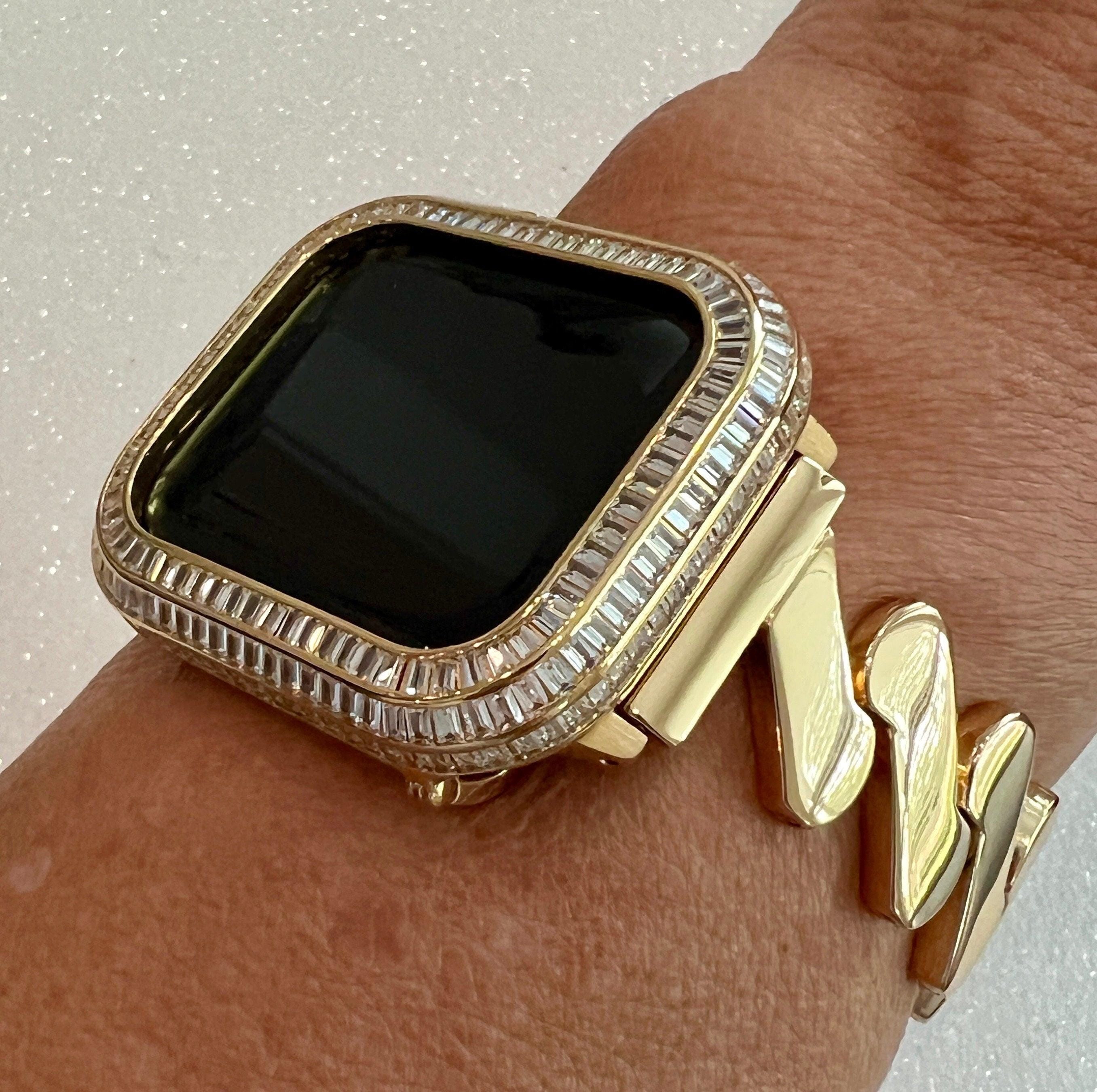 Designer Apple Watch Band Gold Women Minimalist, Iwatch Phone Bracelet & or Apple Watch Case Baguette Lab Diamond Bezel Cover Gift for Her