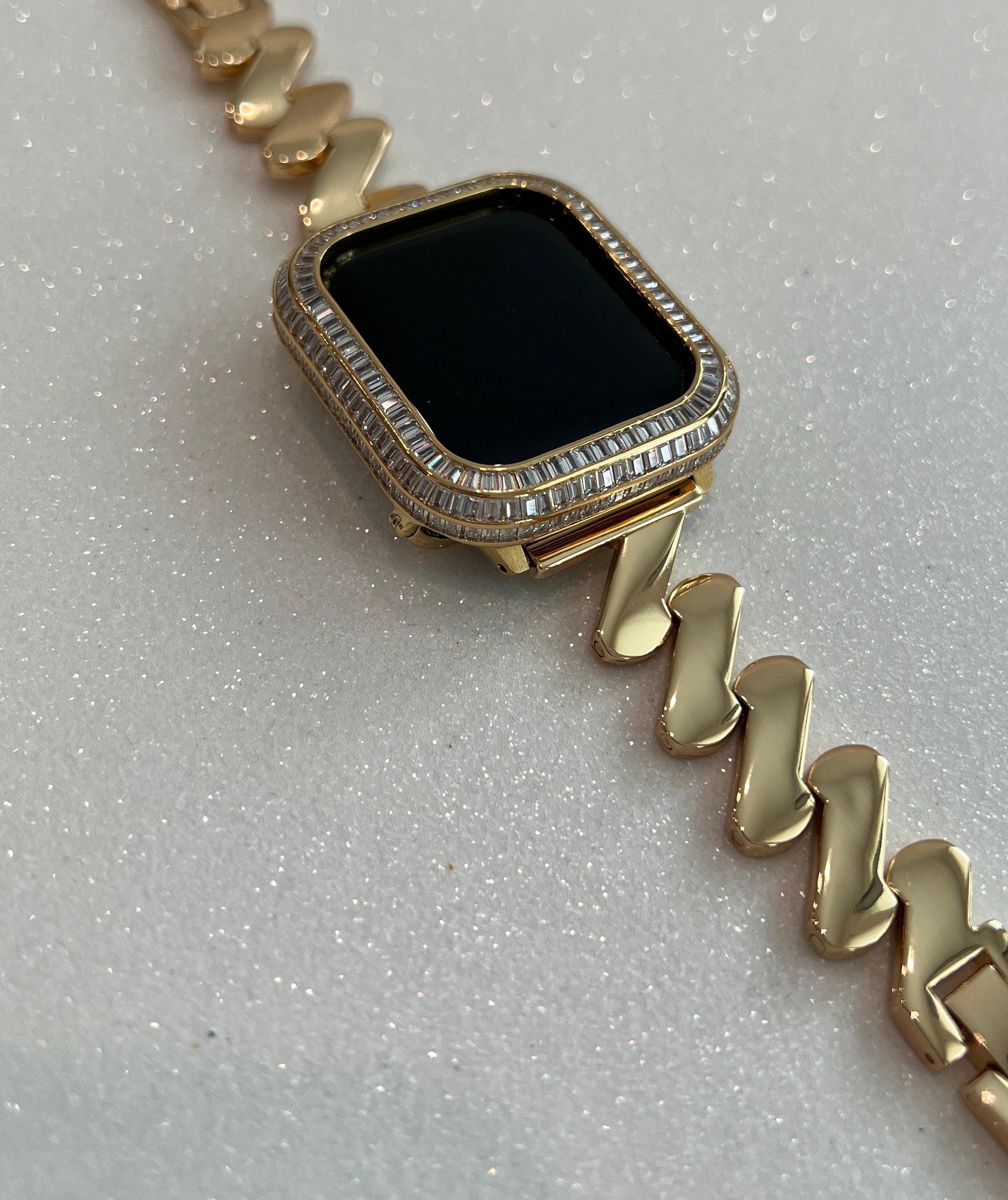 Designer Apple Watch Band Gold Women Minimalist, Iwatch Phone Bracelet & or Apple Watch Case Baguette Lab Diamond Bezel Cover Gift for Her