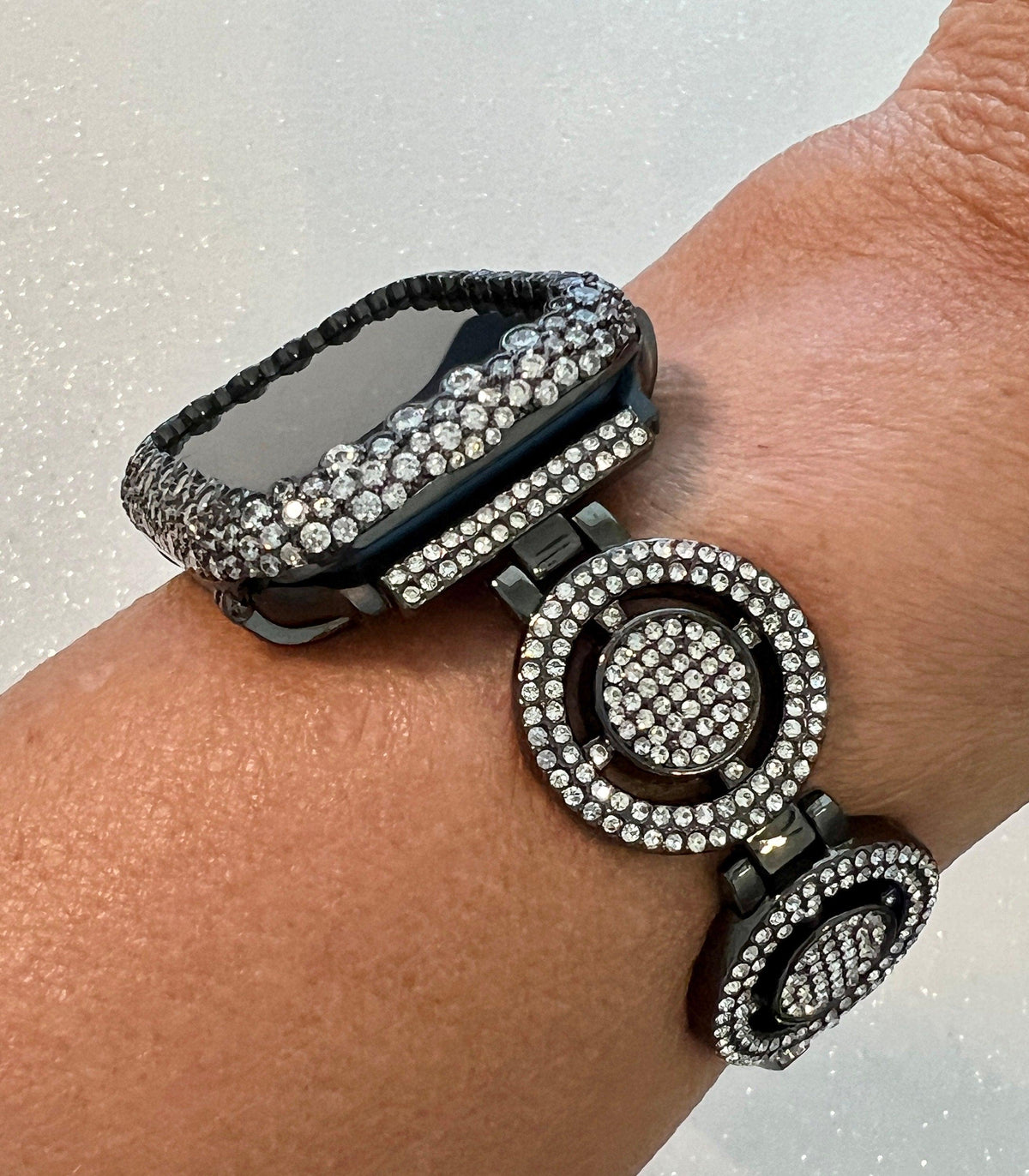 Apple Watch Band Womens Black Crystal & or Apple Watch Case with Lab Diamonds, Iwatch Candy Bling Cover 38mm-49mm Series 2-9 SE