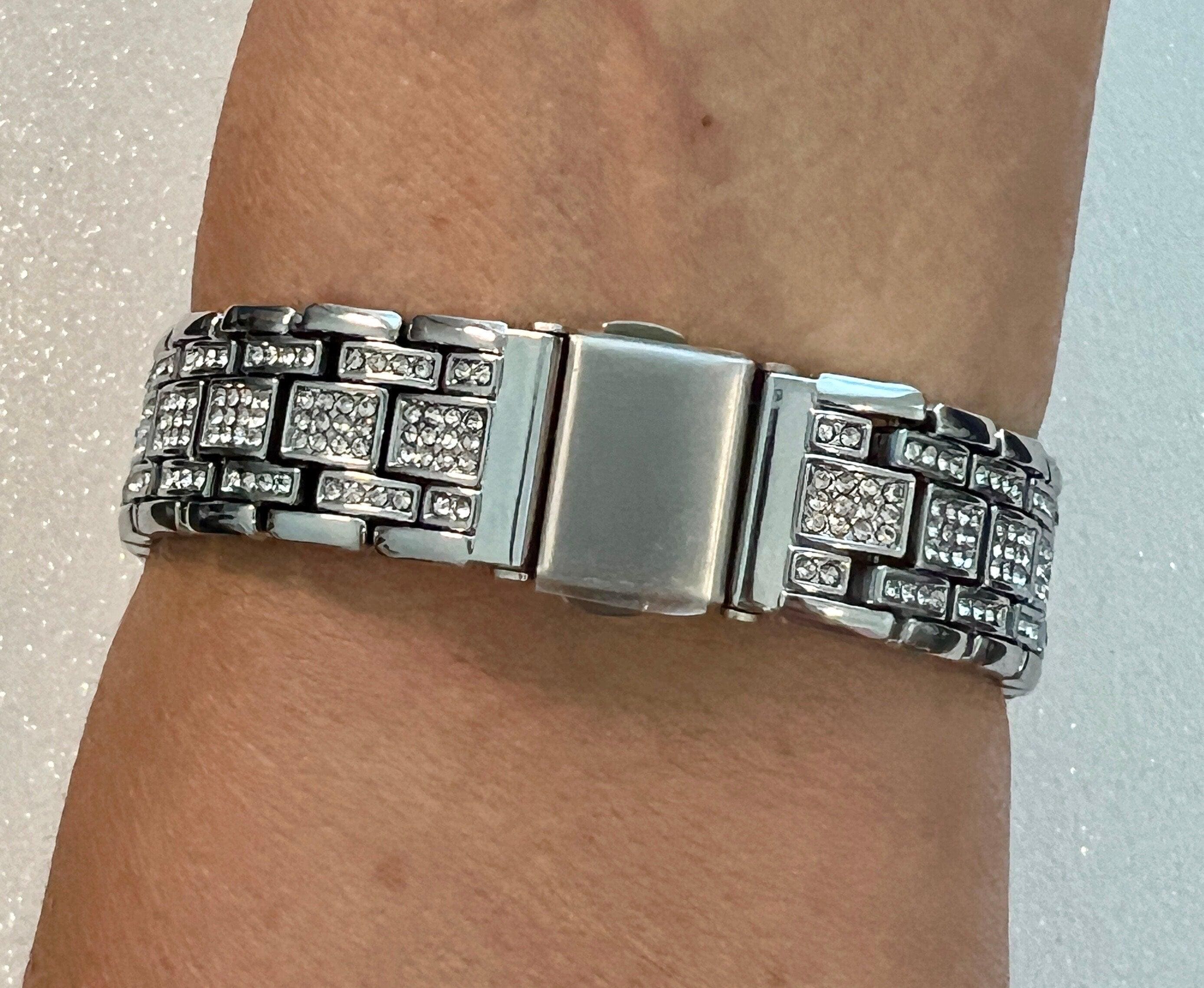 Designer Silver Apple Watch Band Women Crystal Bracelet & or Apple Watch Cover Lab Diamond Bezel Case 38 40 41 42 44 45 49mm Ultra