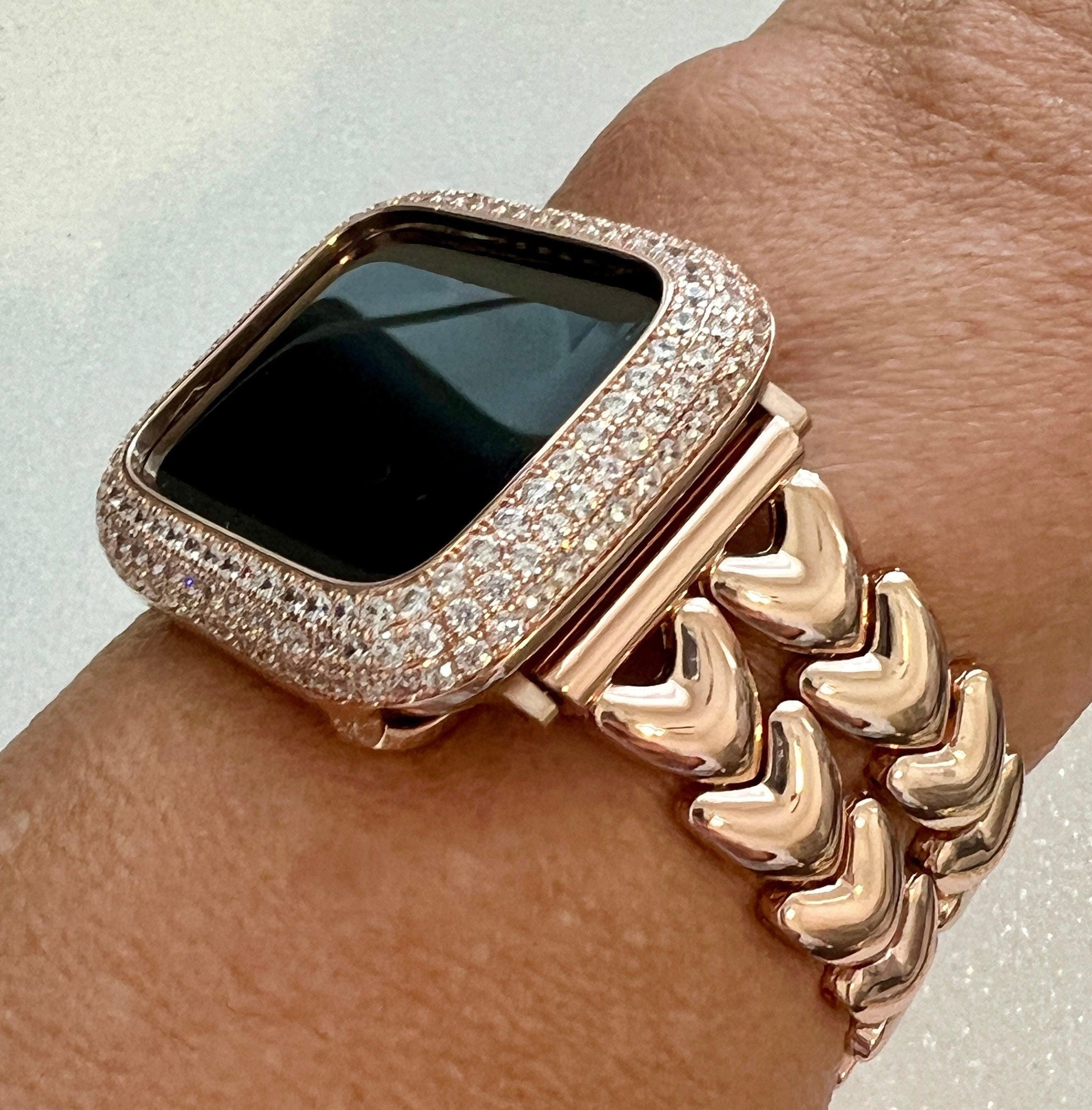 Rose Gold Apple Watch Band Double Row Hearts Bracelet 38mm-49mm, Iwatch band & or Apple Watch Case Baguette Lab Diamond Bezel Cover Gift