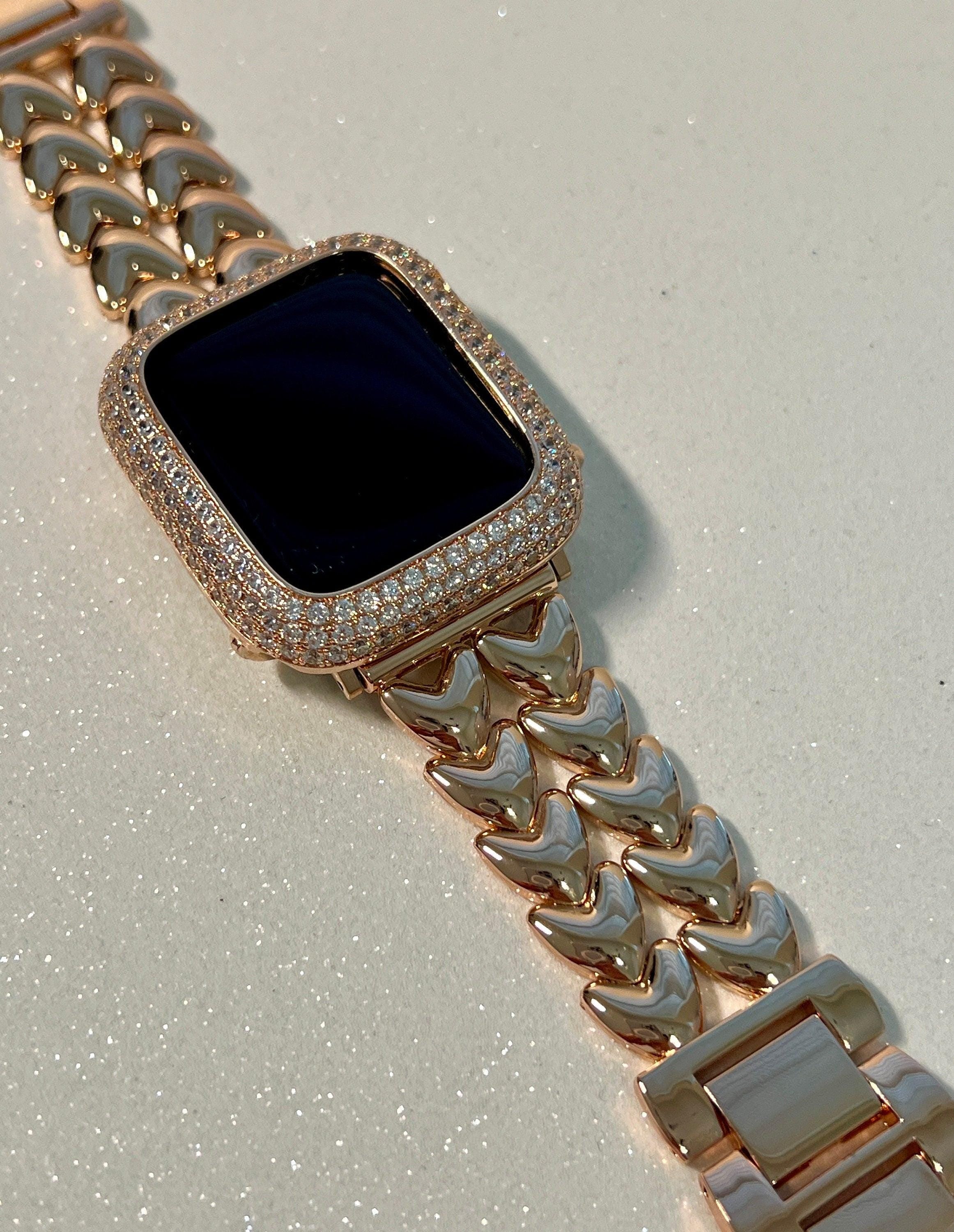 Rose Gold Apple Watch Band Double Row Hearts Bracelet 38mm-49mm, Iwatch band & or Apple Watch Case Baguette Lab Diamond Bezel Cover Gift